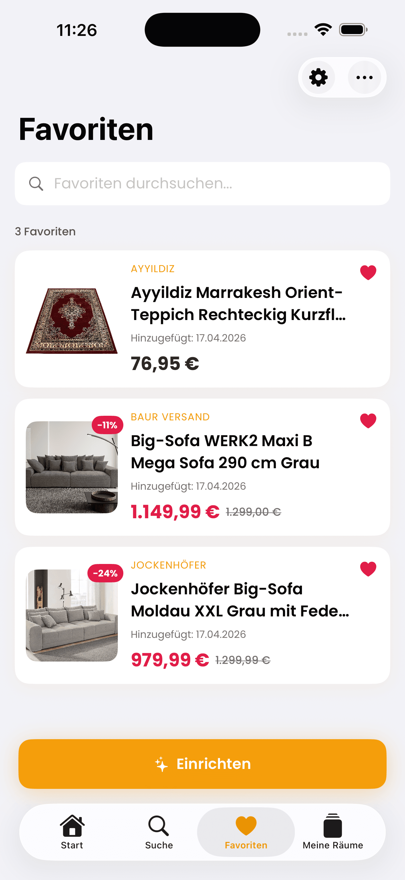 App-Screen zeigt Favoriten-Liste mit gespeicherten Möbeln und aktuellen Preisen