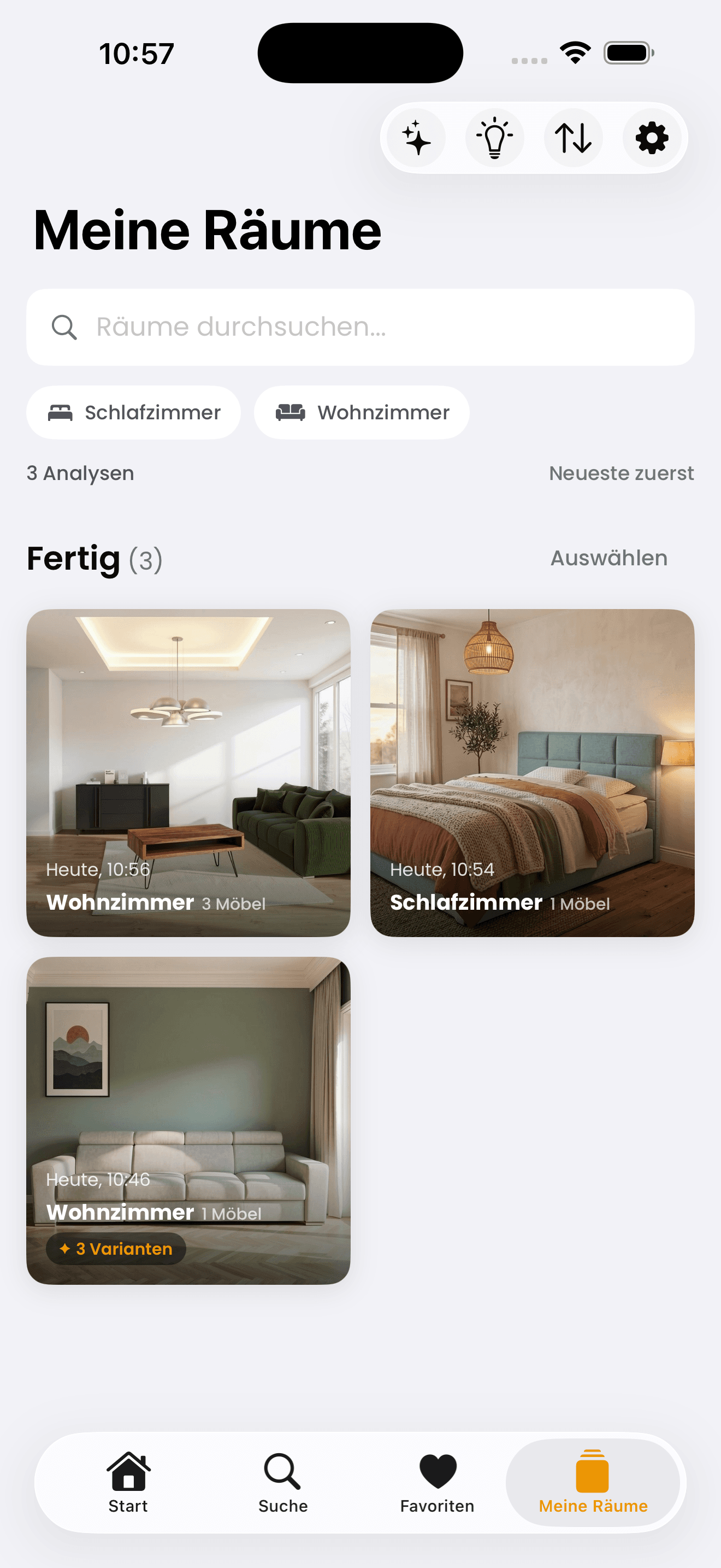 App-Übersicht zeigt drei eingerichtete Räume: Wohnzimmer, Schlafzimmer, Wohnzimmer mit mehreren Varianten