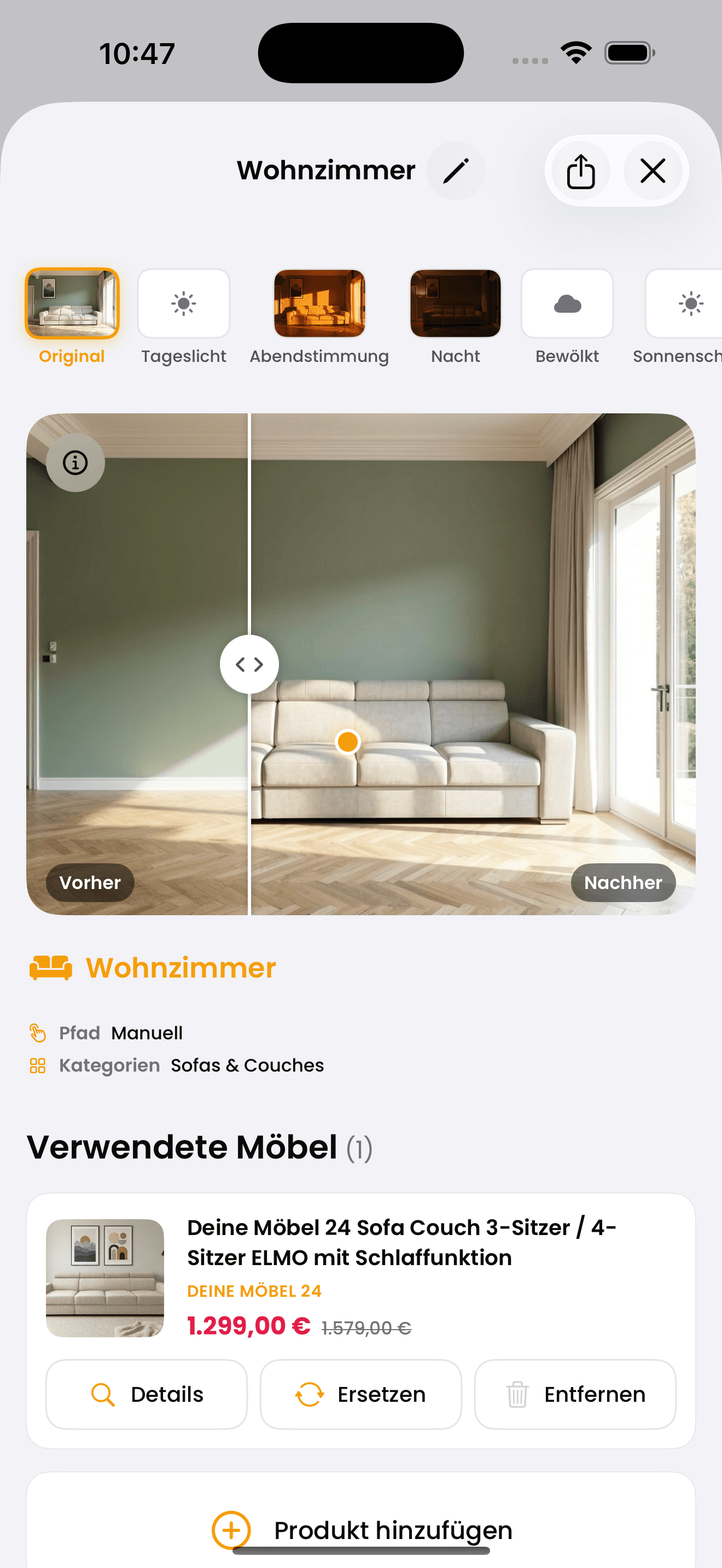moebelguru KI-Raumplaner App: Wohnzimmer mit Vorher-Nachher-Slider und virtuell platzierten Möbeln