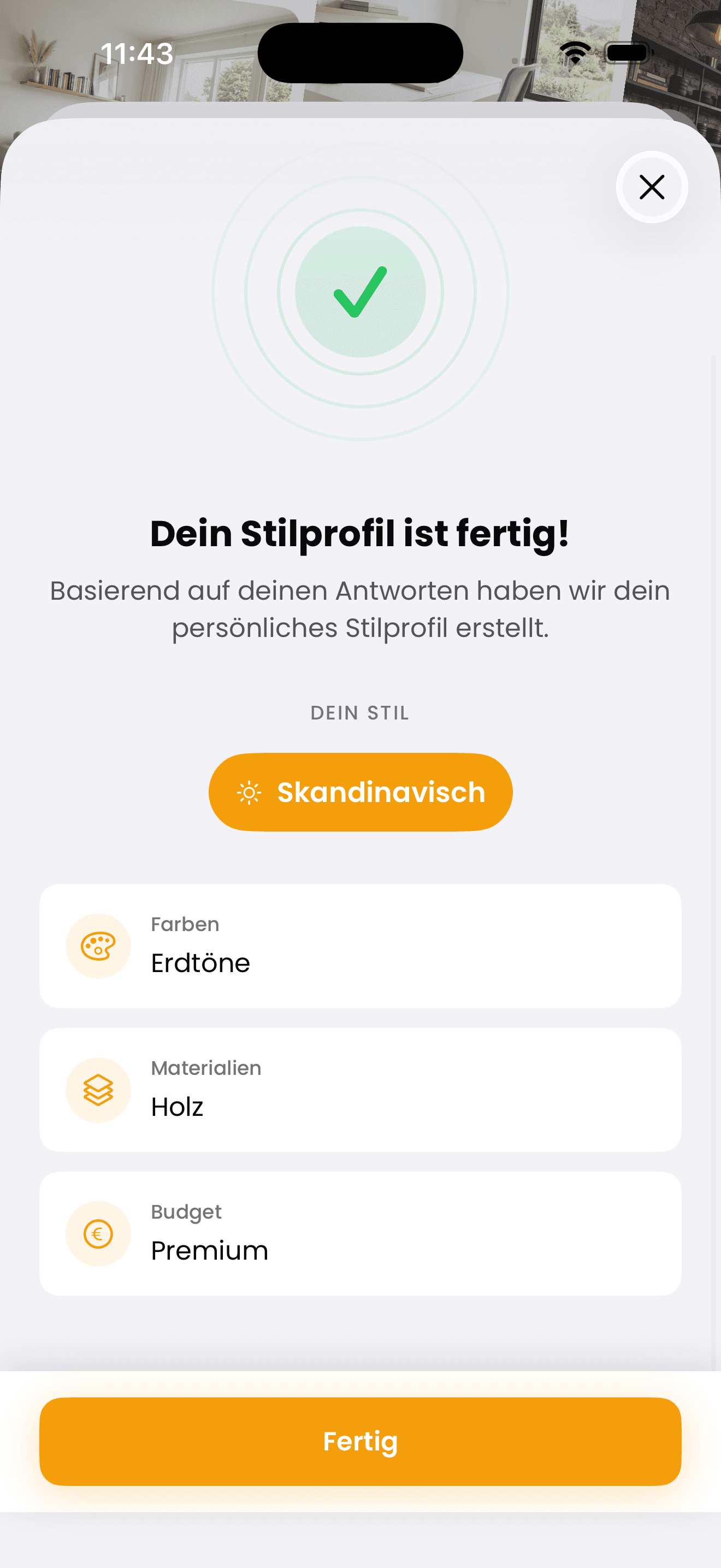 App-Screen zeigt Stil-Profil Ergebnis: Skandinavisch, Erdtöne, Holz, Premium