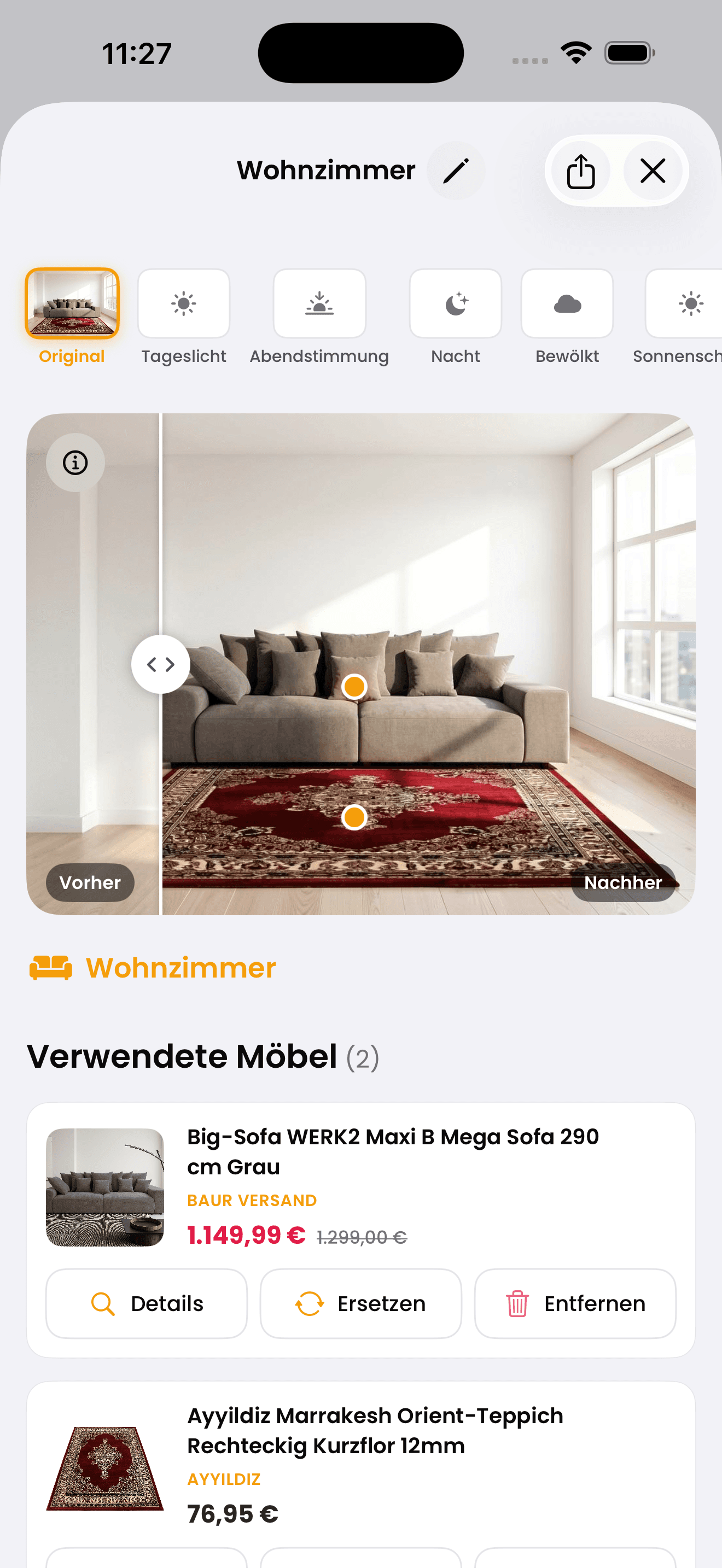 App-Screen zeigt Wohnzimmer mit virtuell platziertem Designer-Teppich