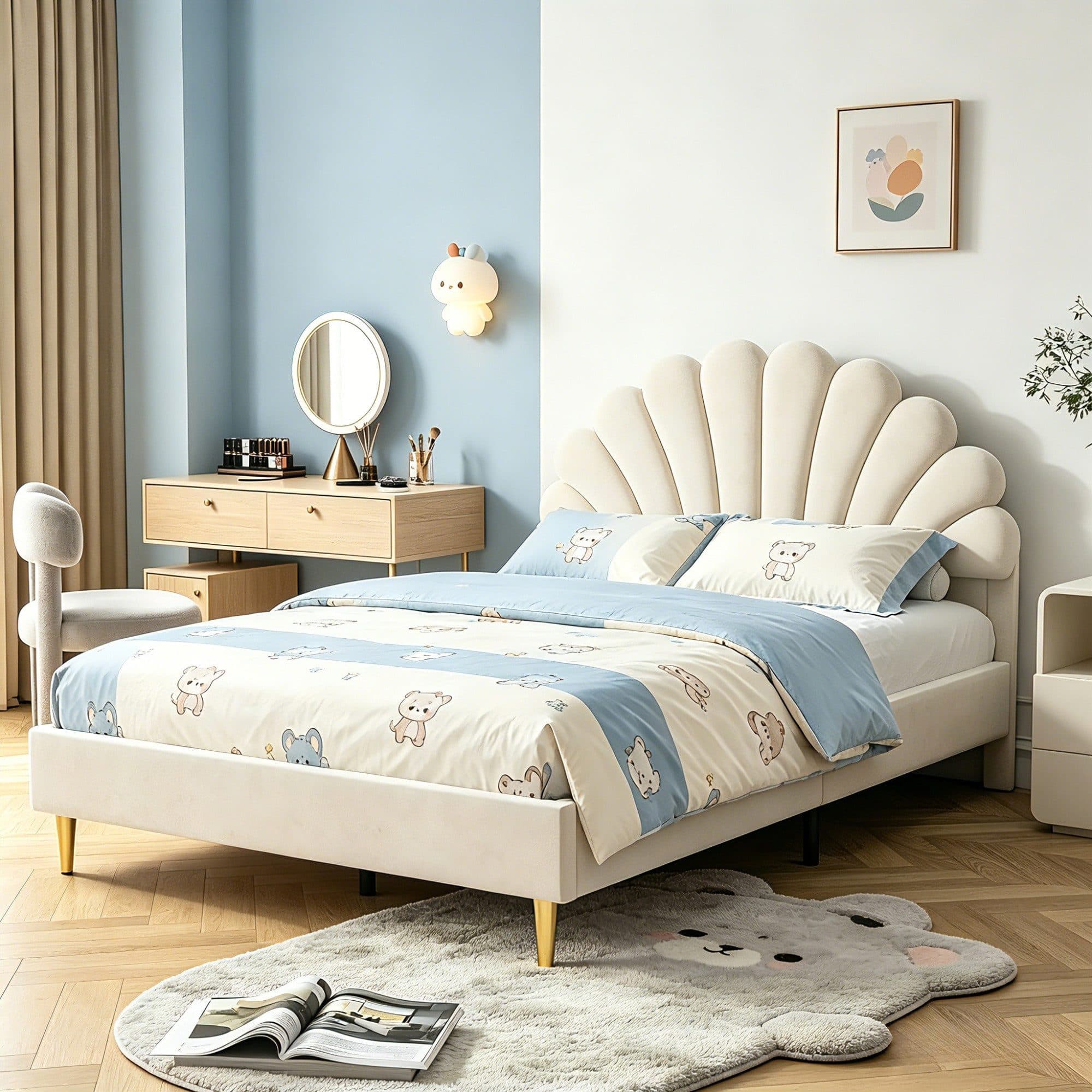 Simurq Polsterbett Samt Beige Blumenform-Kopfteil - Bild 2