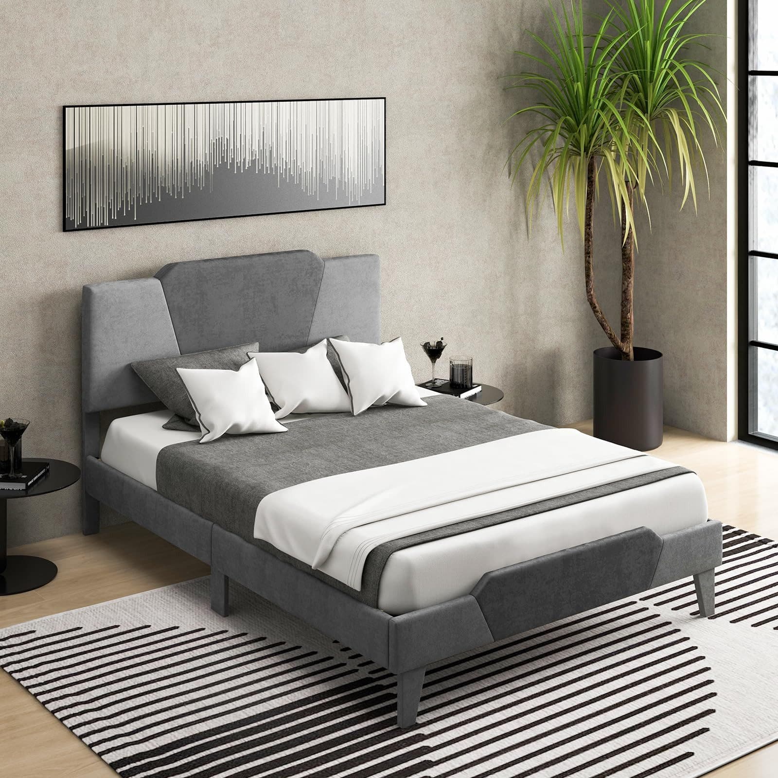 COSTWAY Polsterbett Doppelbett Grau mit Lattenrost & Kopfteil 140 x 200cm - Bild 2