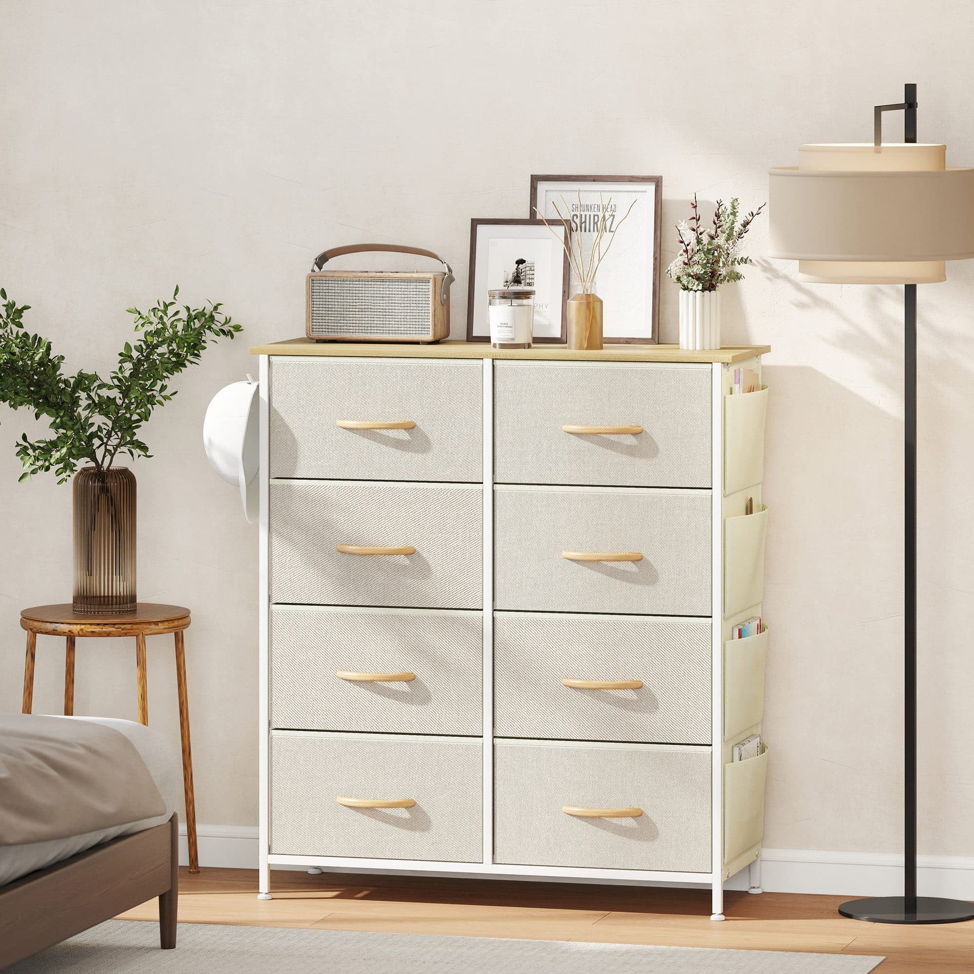 HOMCOM Kommode Schrank mit 8 Schubladen aus Vliesstoff, Haken, Seitentasche, Modern Sideboard für Schlafzimmer, Wohnzimmer Beige - Bild 2