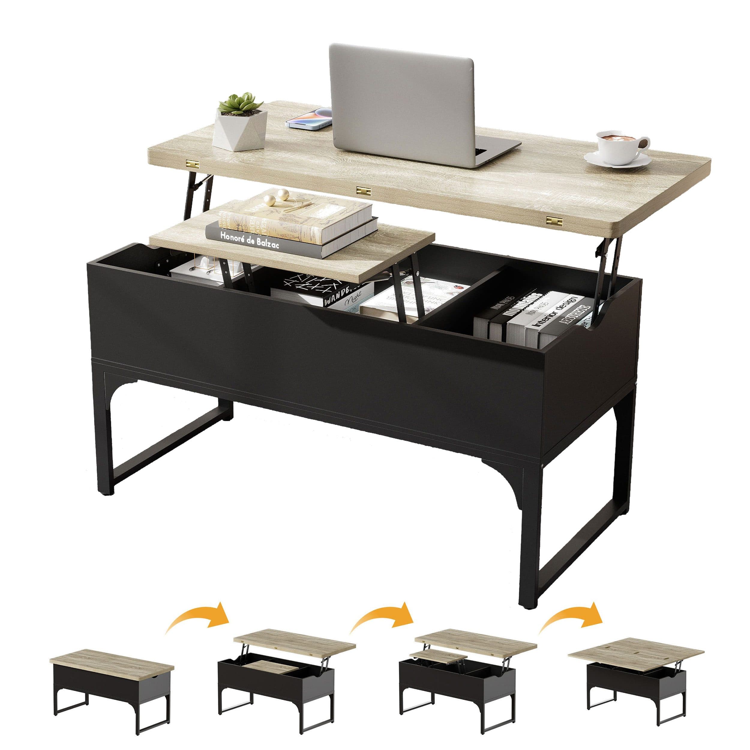 TWSOUL Höhenverstellbarer Couchtisch Liftfunktion mit Stauraum Holzfarbe