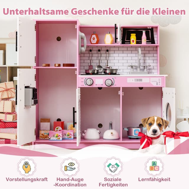 COSTWAY Spielküche Holz Weiß + Rosa mit Leuchtendem Herd