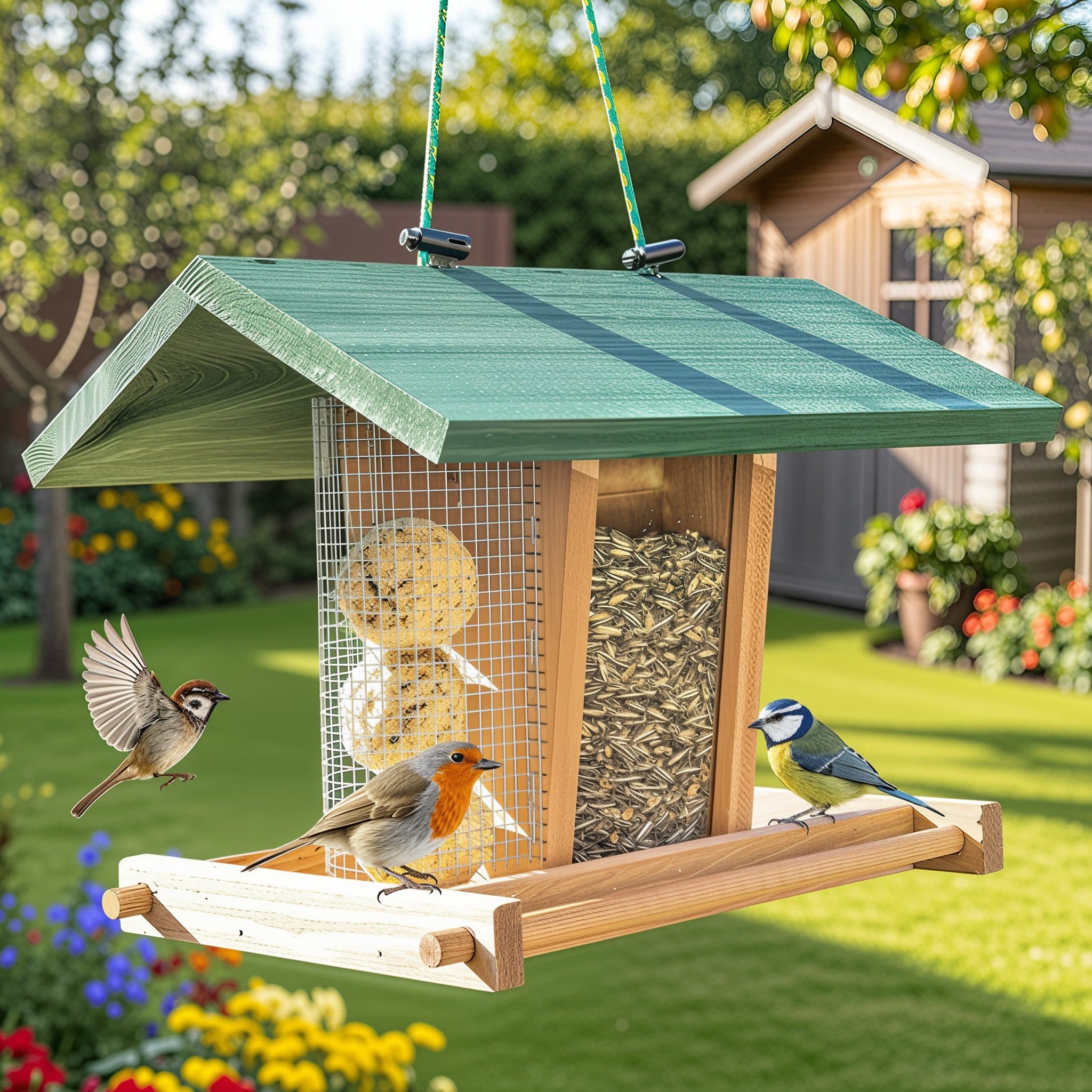 Zooprinz Vogelhaus Bird Kitchen mit Sitzstangen, Schutzdach, Seil für Wildvögel, Plexiglasscheiben, wetterfestes Vollholz - Bild 2