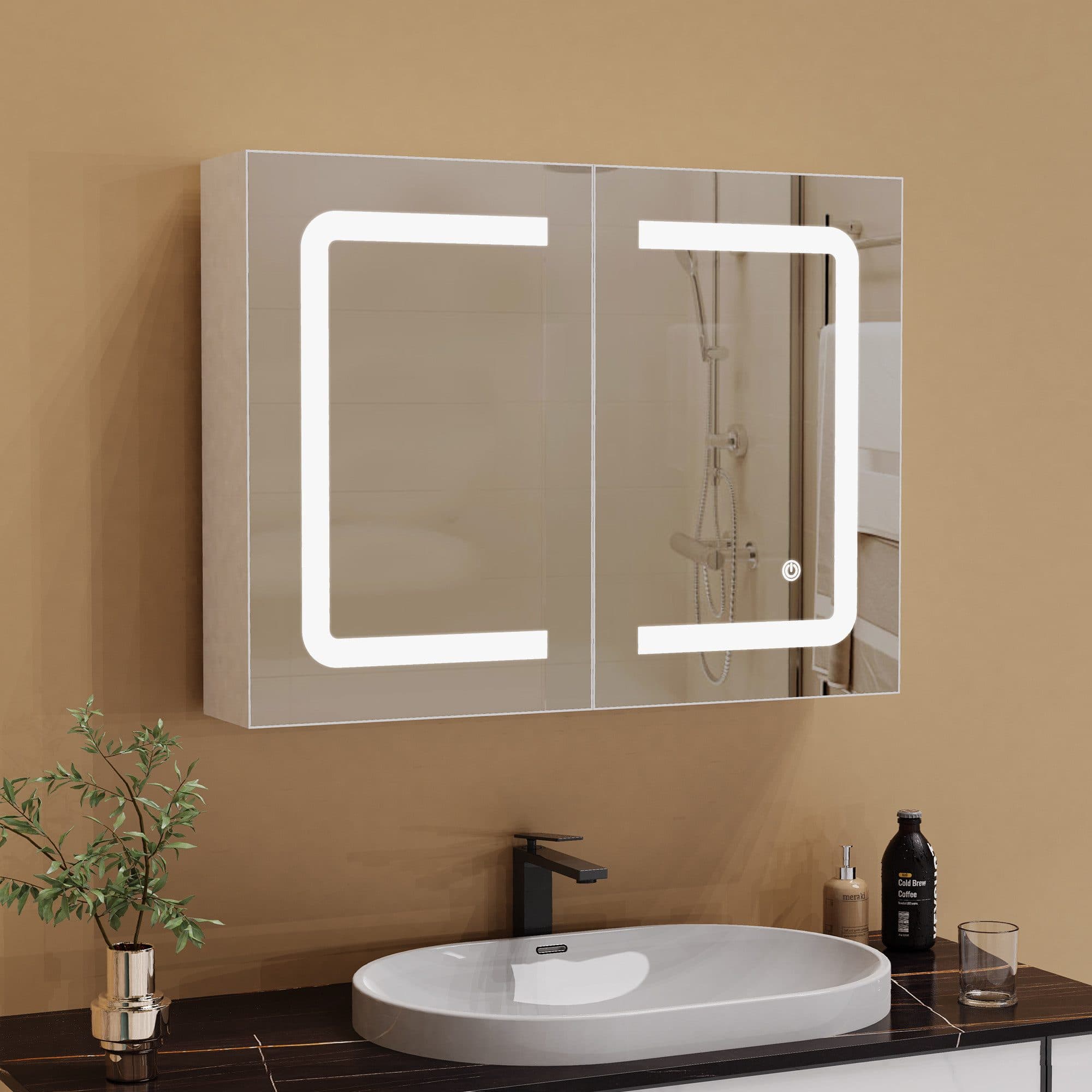 PXloue Badezimmerspiegelschrank Doppeltür Hängeschrank 80x60x13.5 cm LED-Beleuchtung - Bild 2