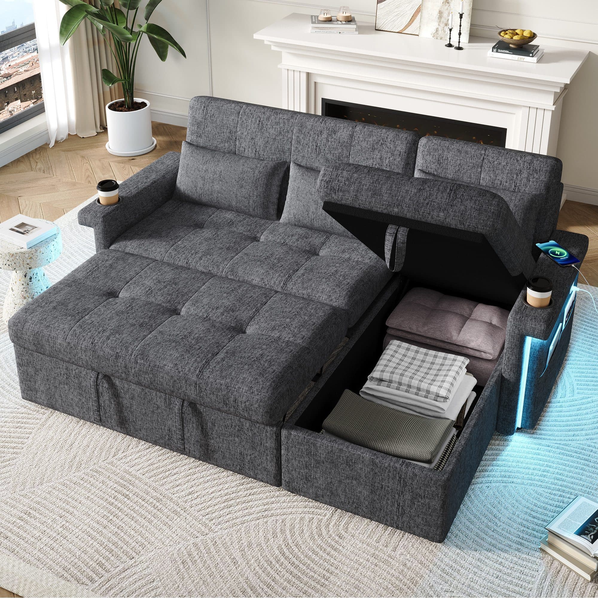Merax Schlafsofa mit LED & USB, Ecksofa Chenille Beige/Grau - Bild 2
