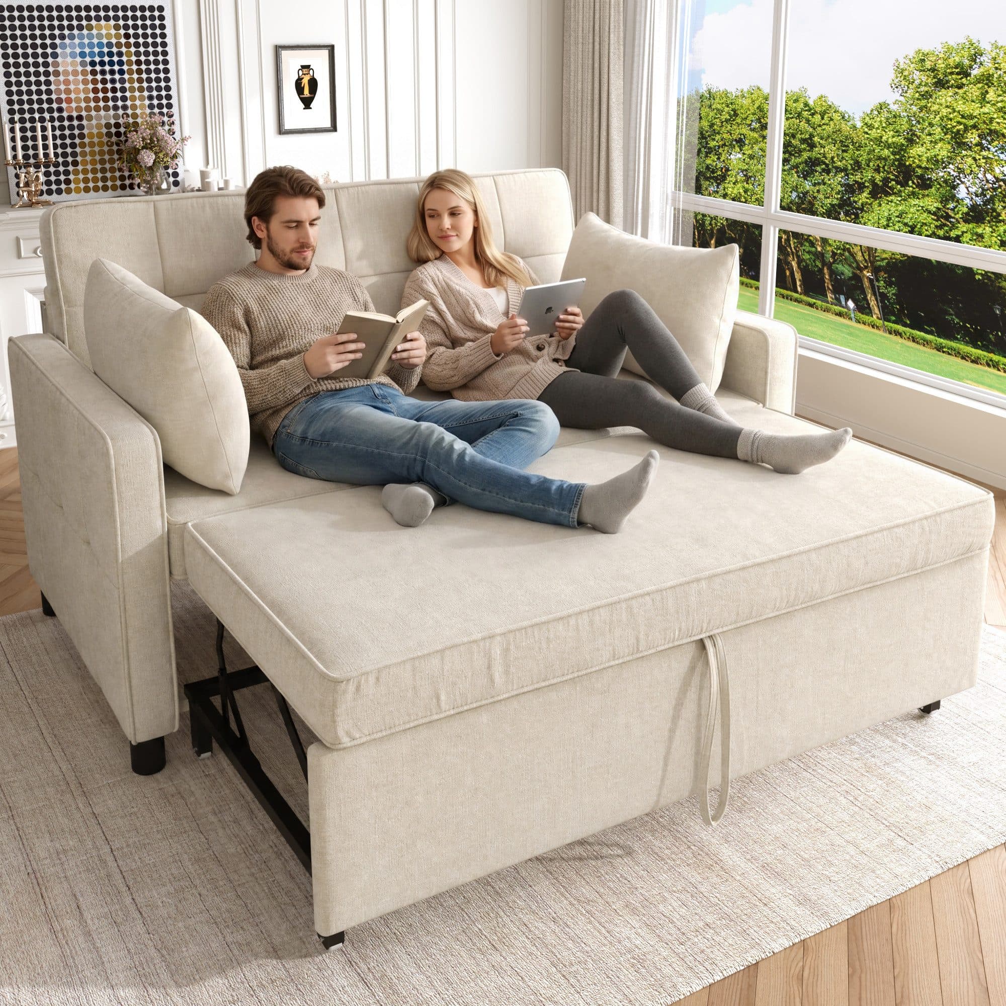 Merax Schlafsofa 2-Sitzer Beige Chenille Klappbar mit verstellbarer Rückenlehne - Bild 2