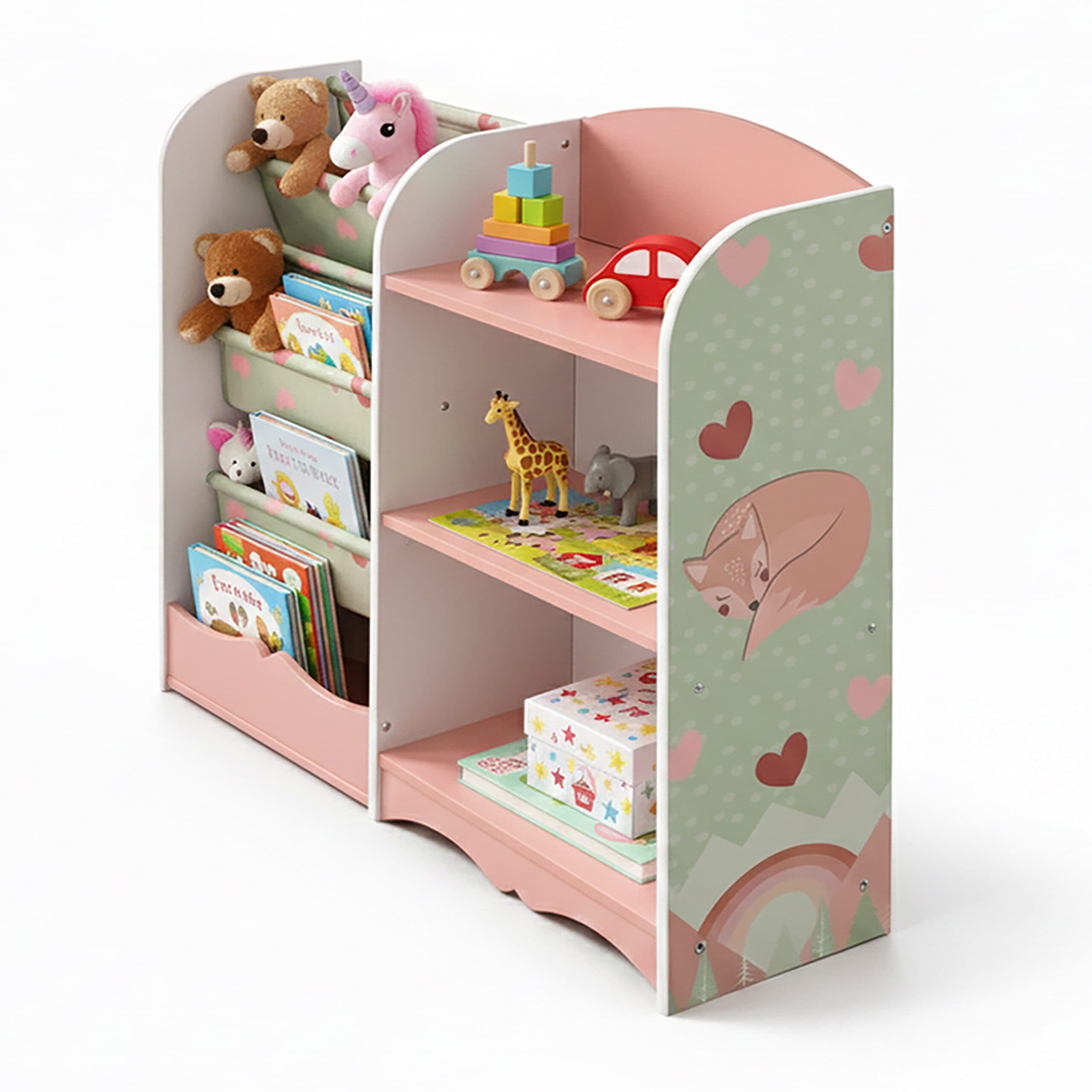 relaxdays Kinderregal 7 Fächer Fuchs-Motiv Rosa Grün Weiß - Bild 2