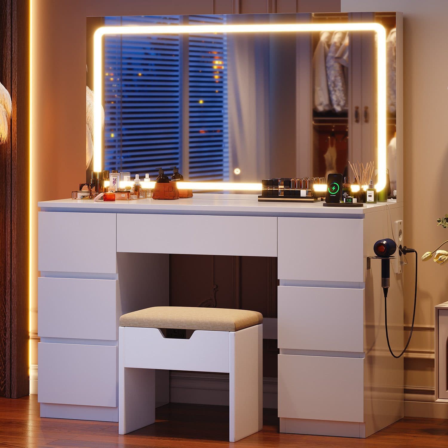 HOMALL Schminktisch mit LED-Spiegel, 7 Schubladen und Steckdosen - Bild 2