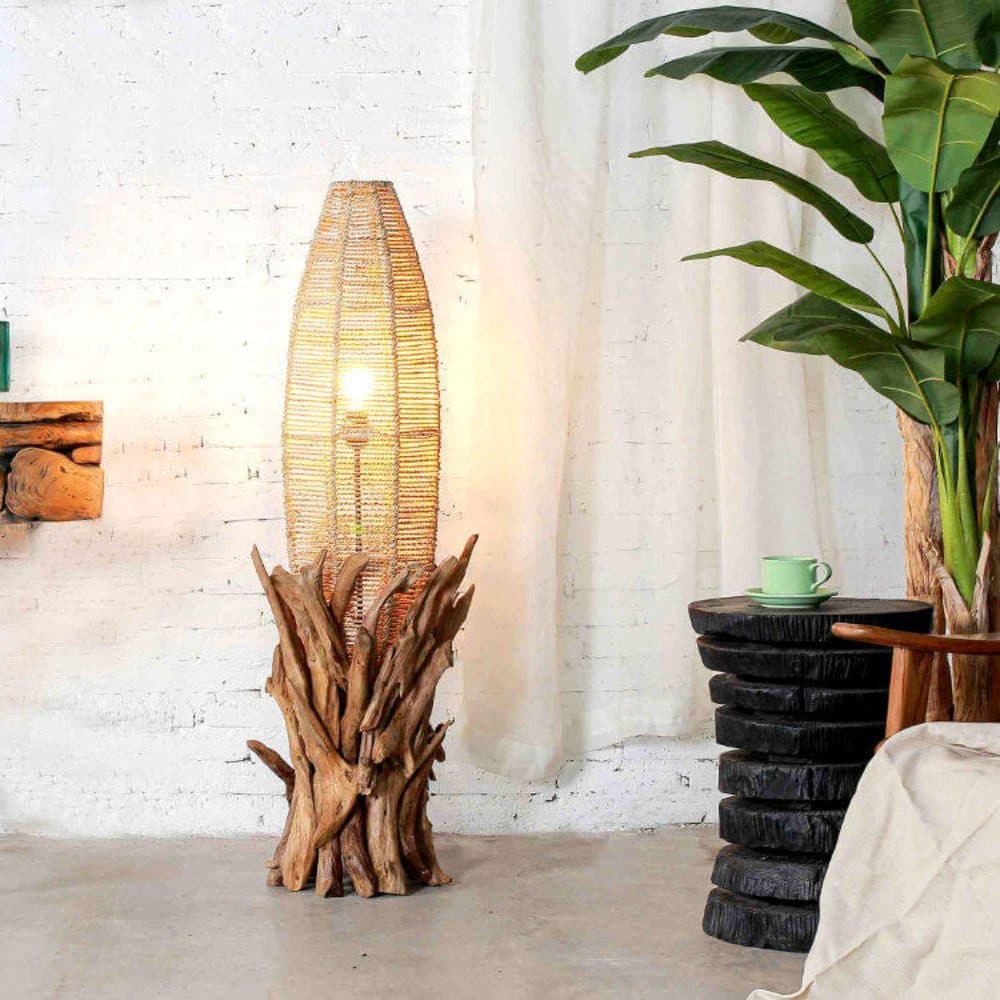 Möbel Bressmer Stehlampe VONDRO – Treibholz Stehlampe aus Teakholz 120 cm mit Rattan Lampenschirm - Bild 2