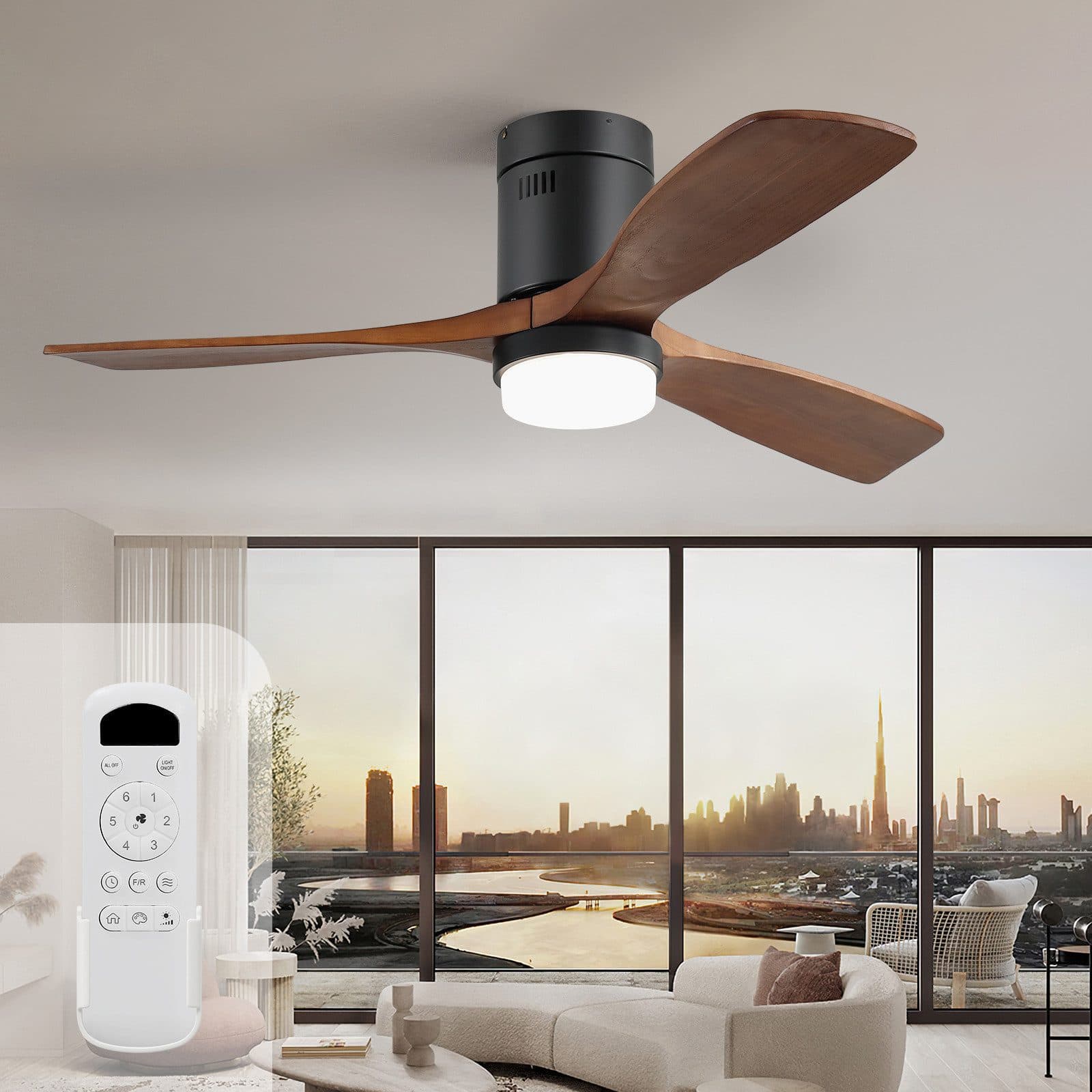 Sofucor Deckenventilator mit LED-Beleuchtung und Fernbedienung, 3 Holzlüfterblätter, DC, Timer, Sommer Winterbetrieb - Bild 2
