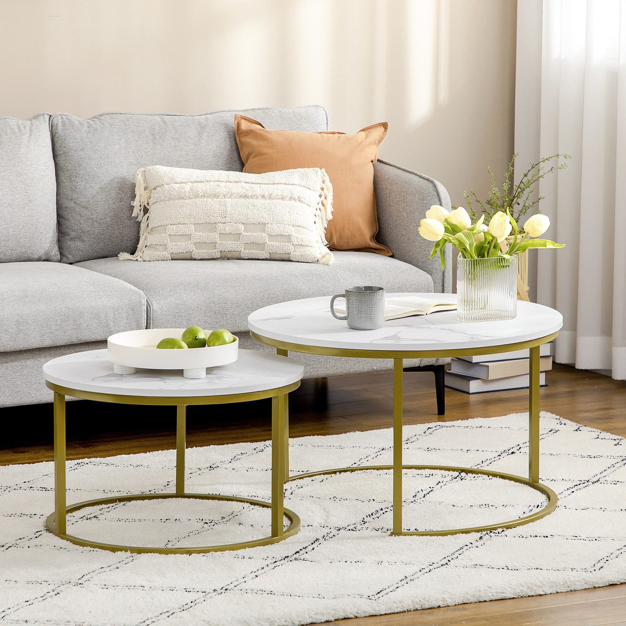 HOMCOM Couchtisch 2er-Set Rund Stahlgestell Gold Marmoroptik Stapelbar - Bild 2