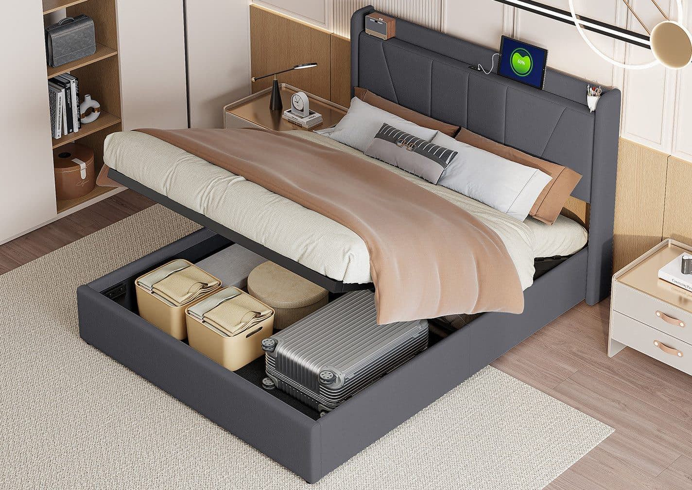 ADWOLT Polsterbett 140x200 cm Grau mit Stauraum und USB - Bild 2