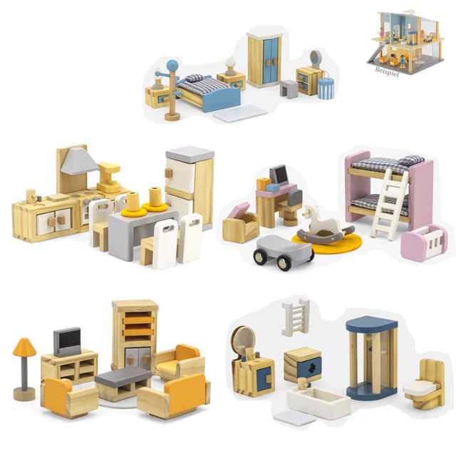 TikTakToo Puppenhausmöbel Schlafzimmer, Kinderzimmer, Küche, Bad Komplettset