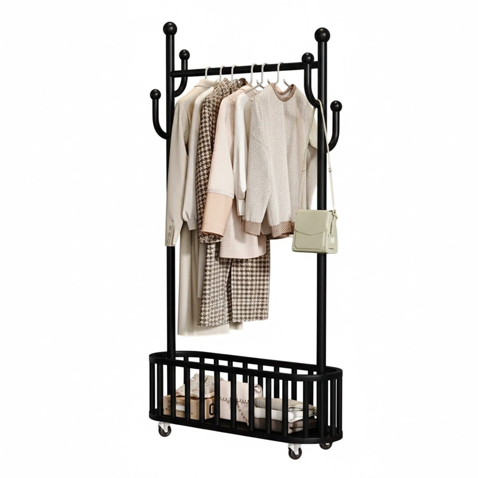 GarveeMore Garderobenhalter Metallkleiderständer mit Rollen, Rollbare mit Ablagefach und 4 Haken, 80/100x175x32CM Kleiderbügelständer für Schlafzimmer, Wohnzimmer