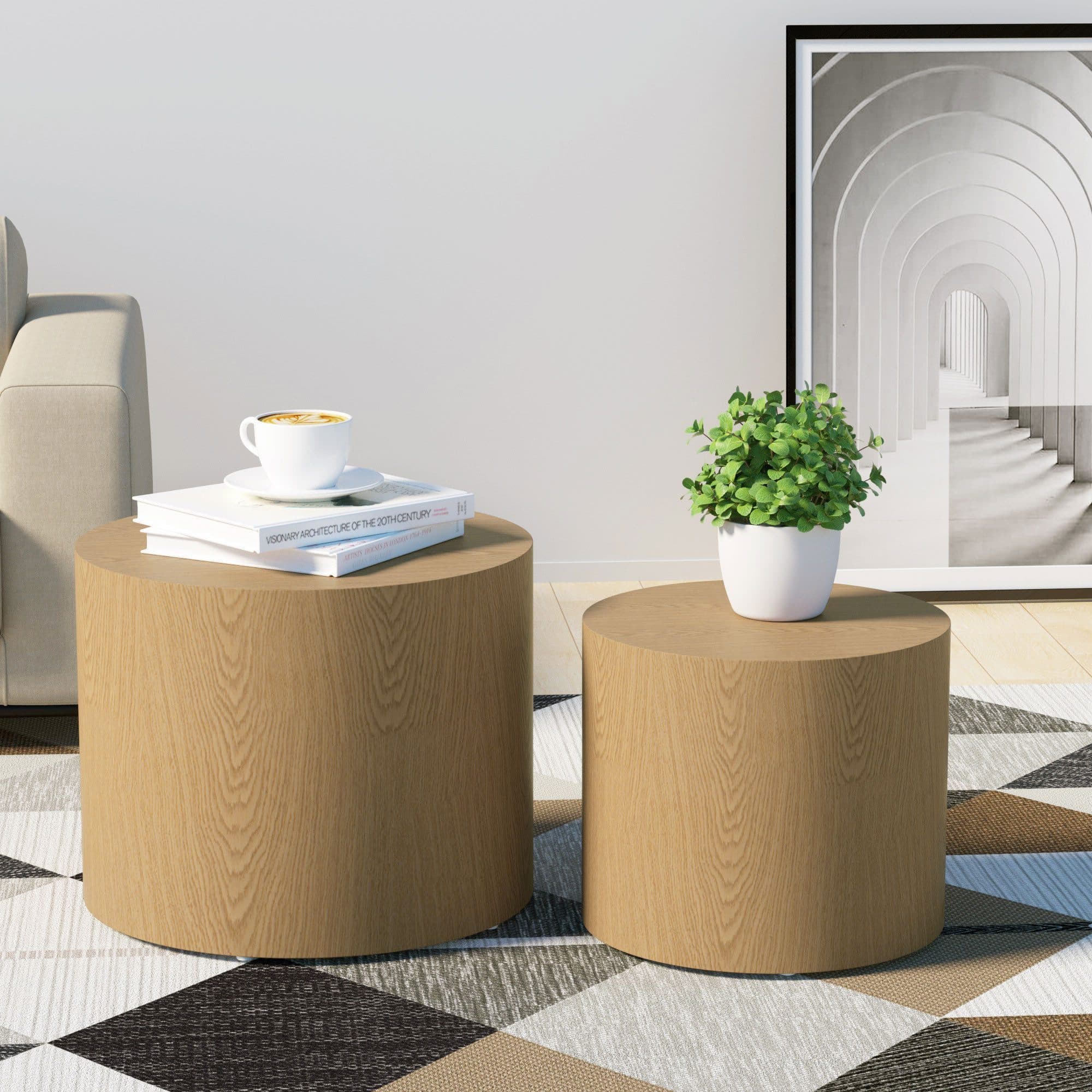 NJLyuhome 2-teiliges Beistelltisch-Set Holzoptik MDF Rund - Bild 2