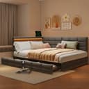 ADWOLT Polsterbett Schlafsofa mit USB-Anschluss und LED-Schubladen Grau Leinen Bild 2