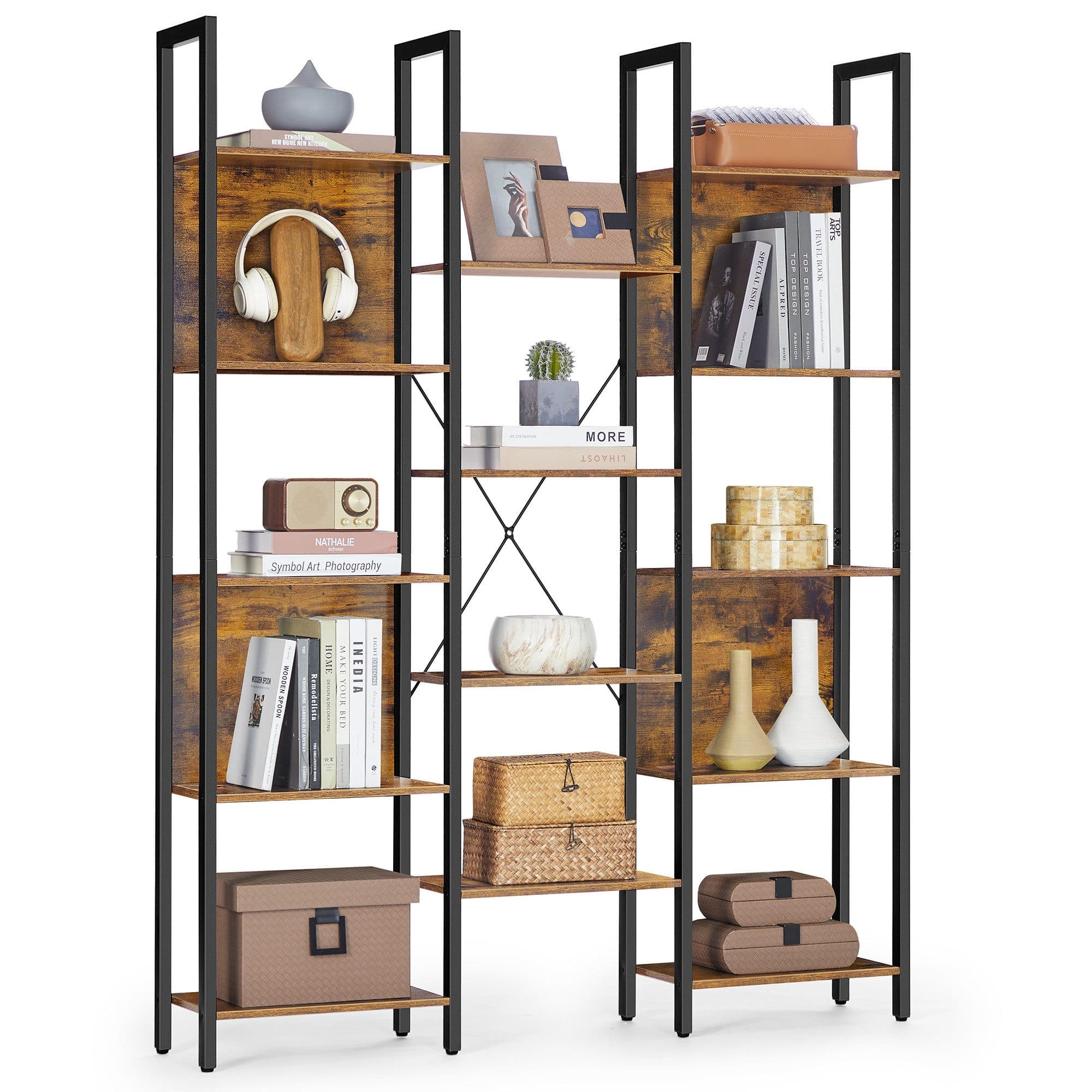 VASAGLE Bücherregal 14 Ablagen Metallrahmen Wohnzimmer Braun - Bild 2