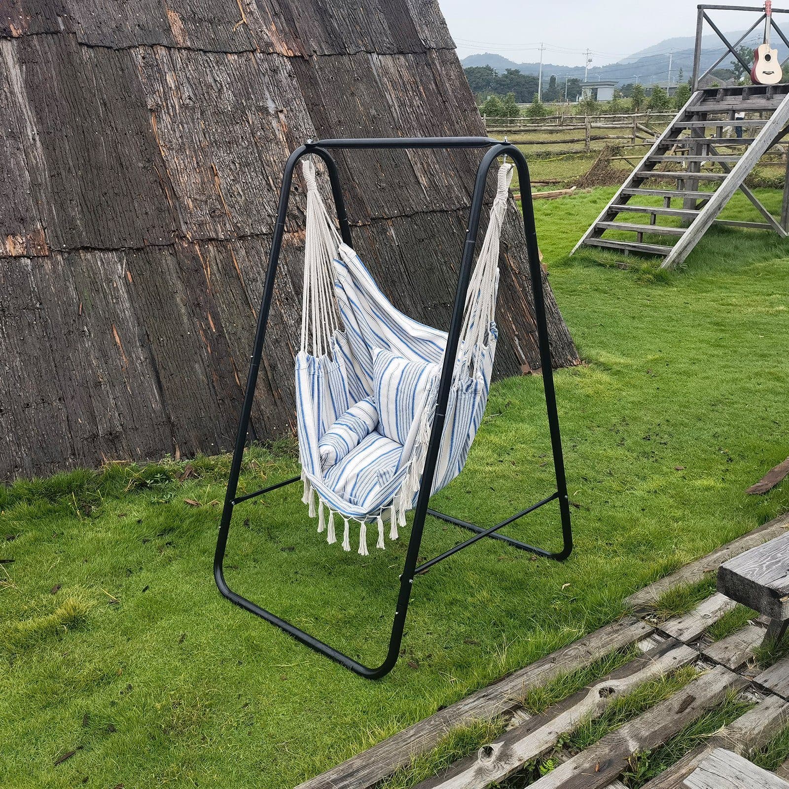 CCLIFE Hängesessel mit Gestell Hängeschaukel Blau-Weiß