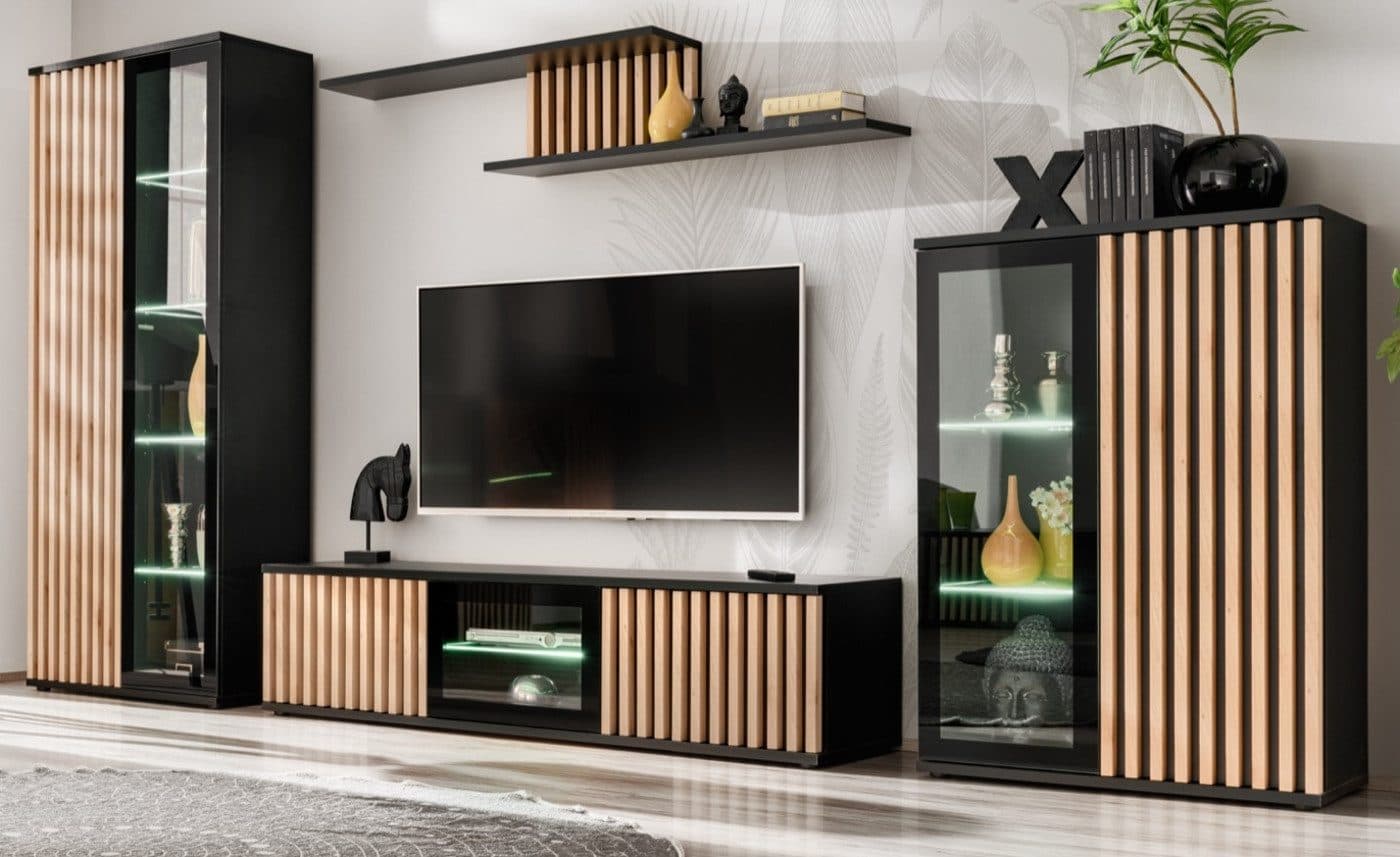 Furn.Design Wohnwand Morgan Schwarz Matt mit Eiche Lamellen und LED - Bild 2