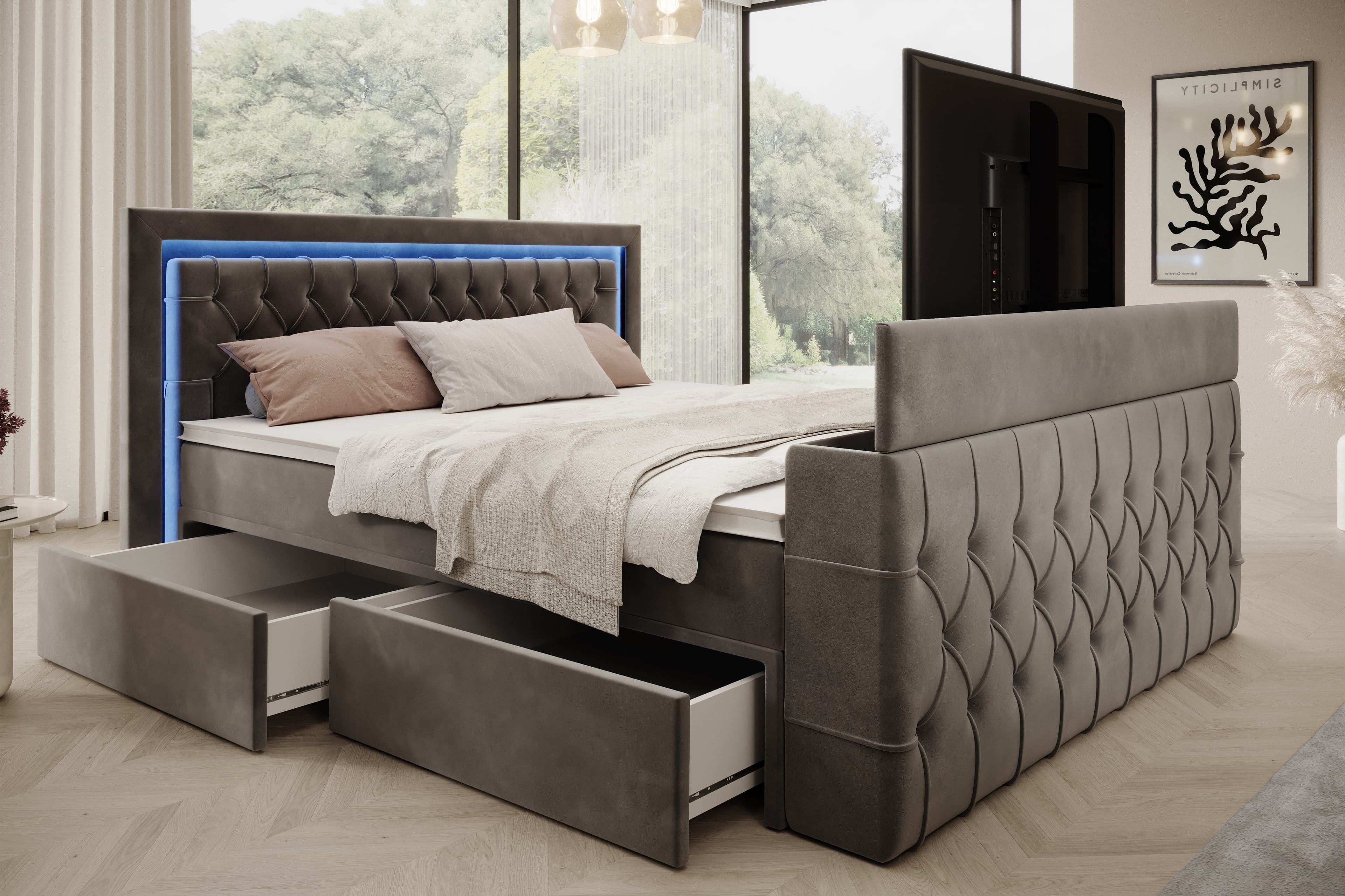 PROMETO Möbel Boxspringbett Doppelbett mit LED-Beleuchtung und TV-Lift - Bild 2