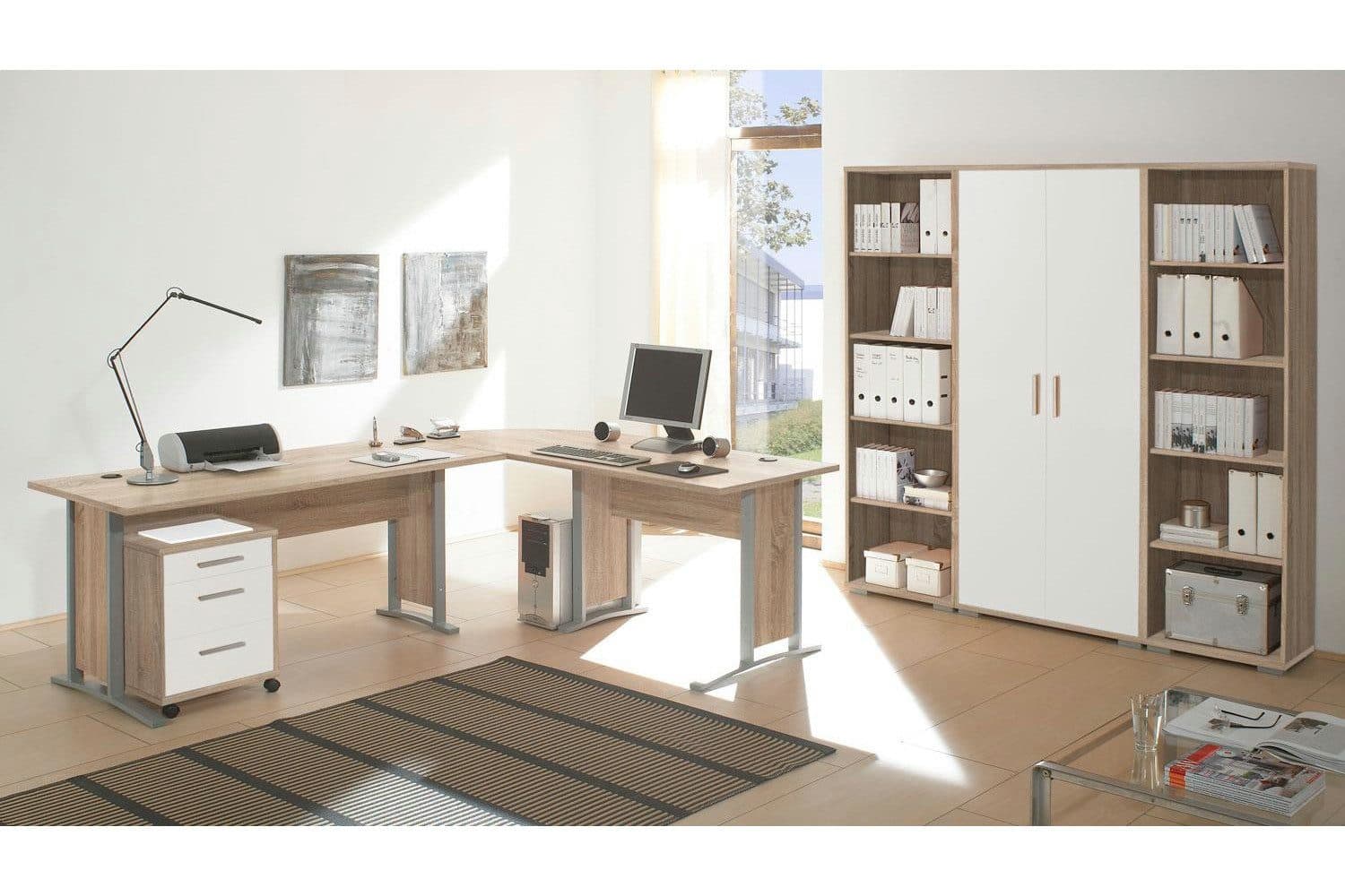 BEGA OFFICE Büromöbel-Set Office Line in Eiche Sonoma kombiniert mit Weiß, 5-tlg. MDF strapazierfähig langlebig