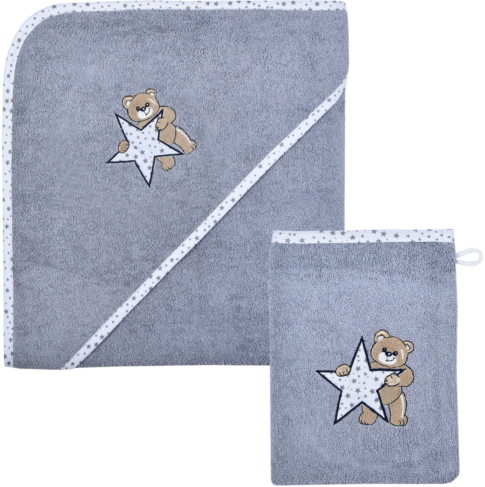 Wörner Handtuch Set Grau Teddy Stern Kapuzenbadetuch mit Waschhandschuh - Bild 2