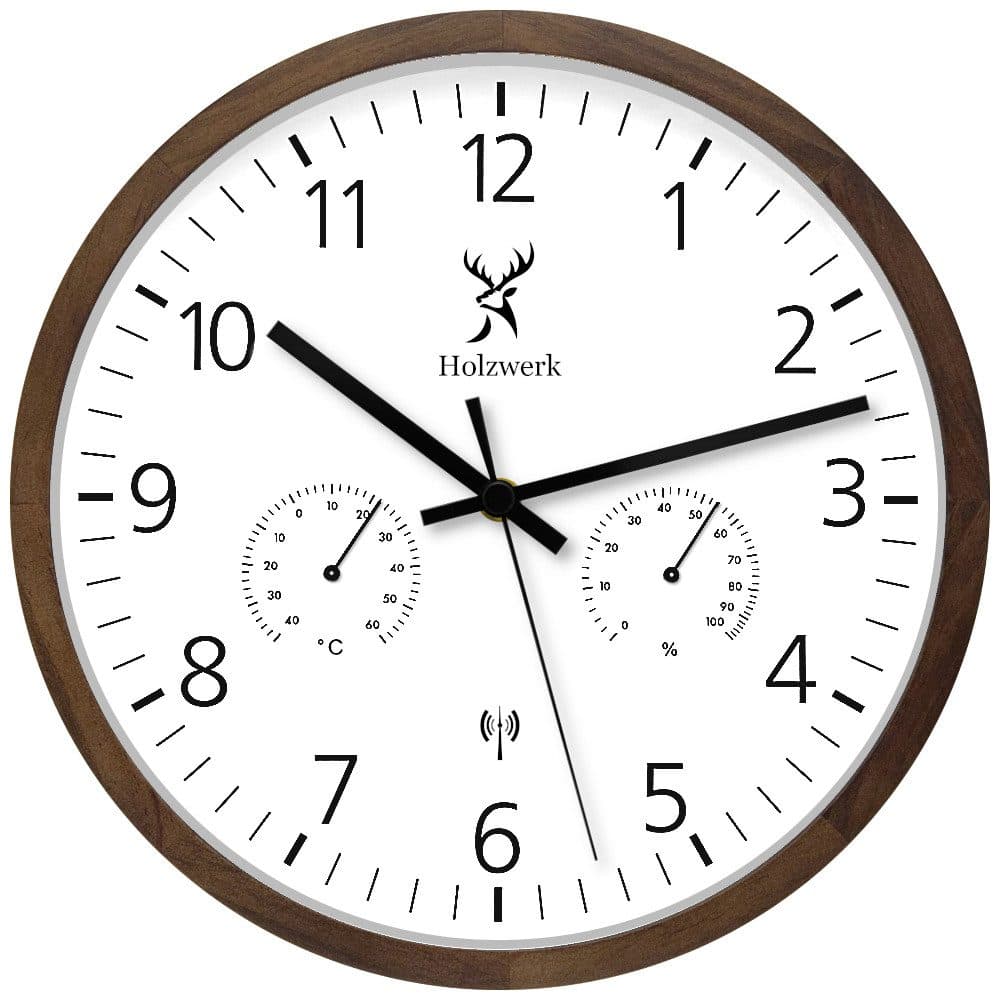 Holzwerk Funk-Wanduhr Loft Design mit Hygrometer Thermometer Braun - Bild 2