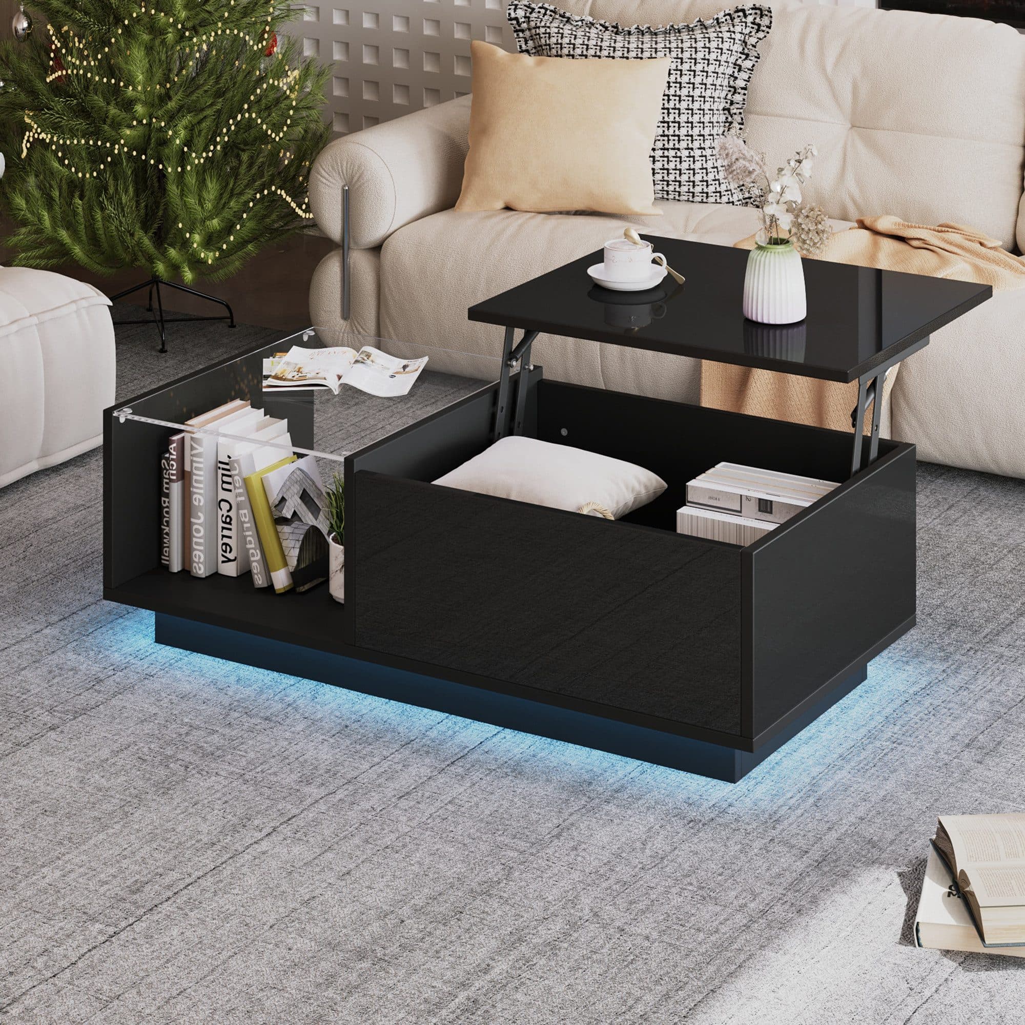 STILVORA Höhenverstellbarer Couchtisch mit LED & Stauraum Schwarz - Bild 2