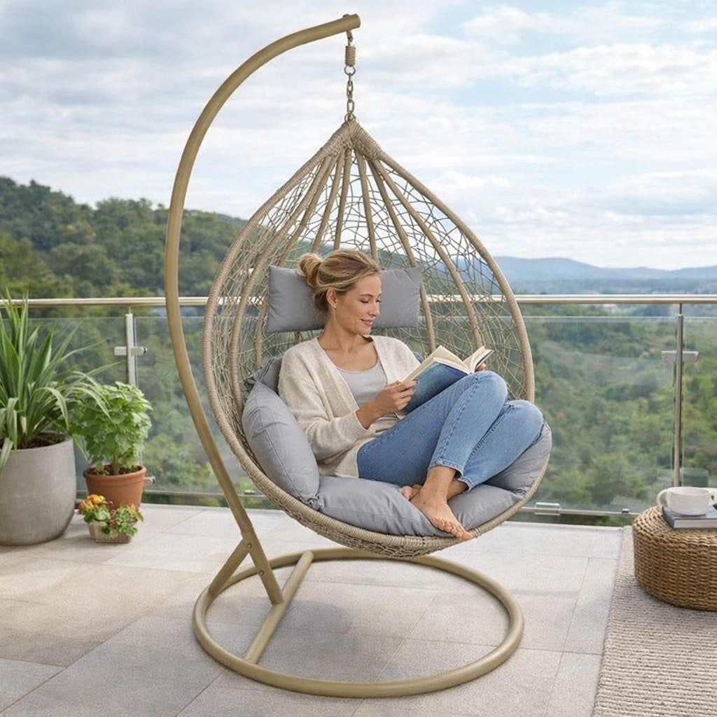 ESTEXO Hängesessel mit Gestell Polyrattan Hängekorb Beige Grau - Bild 2