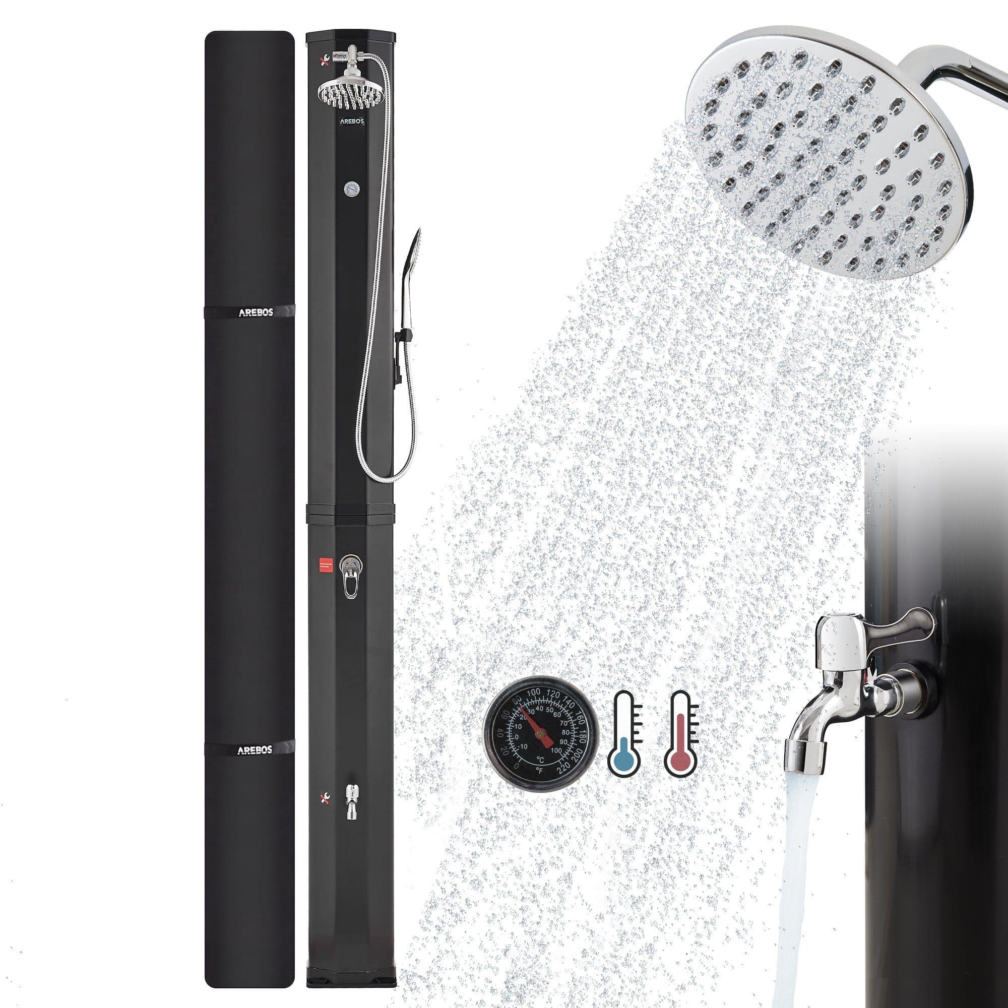 Arebos Solardusche 60 L Schwarz mit Thermometer, Handbrause & Fußdusche - Bild 2
