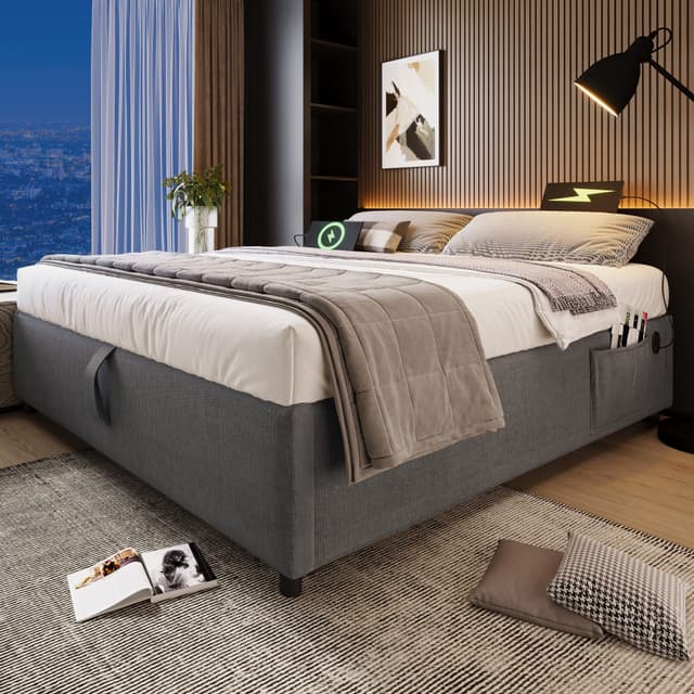 Odikalo Polsterbett Doppelbett Beige/Grau USB Vollflächiger Lattenrost