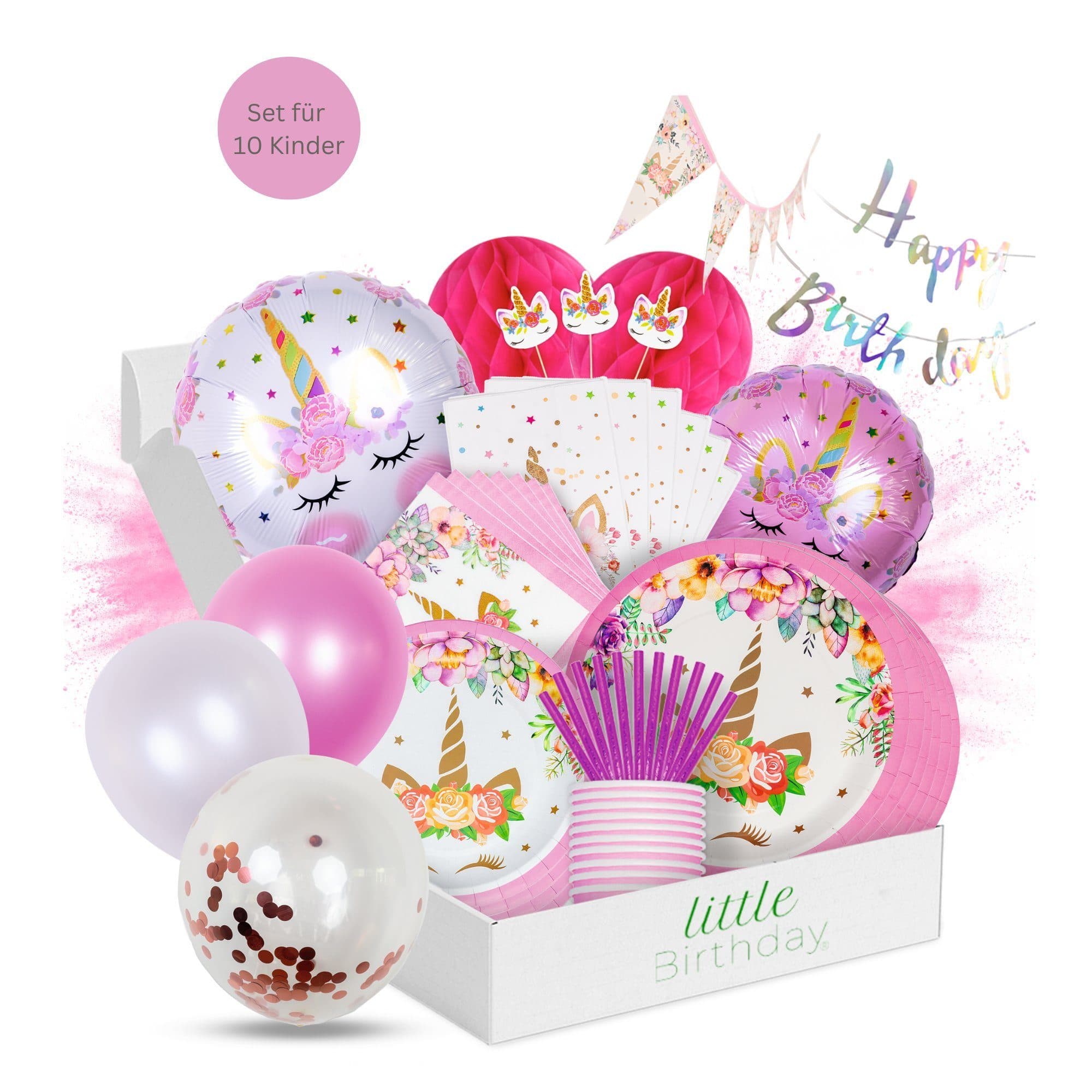 little Birthday Einhorn Party Set 138 Teile für 10 Kinder Rosa Silber Weiß - Bild 2