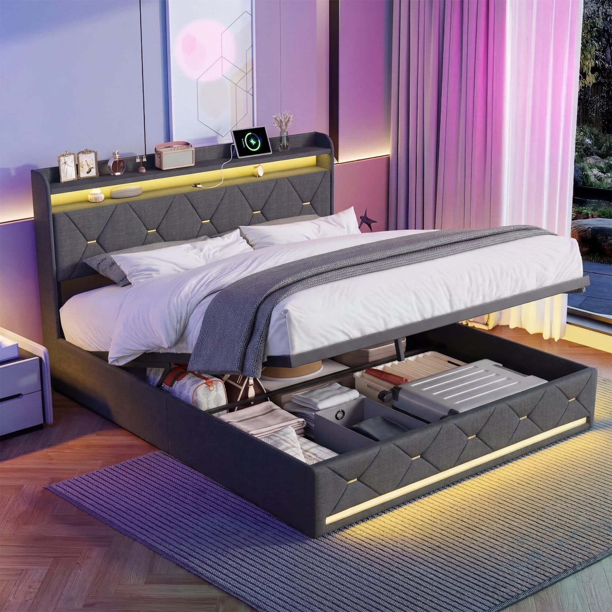 PXloue Polsterbett LED Doppelbett Grau mit Bettkasten - Bild 2