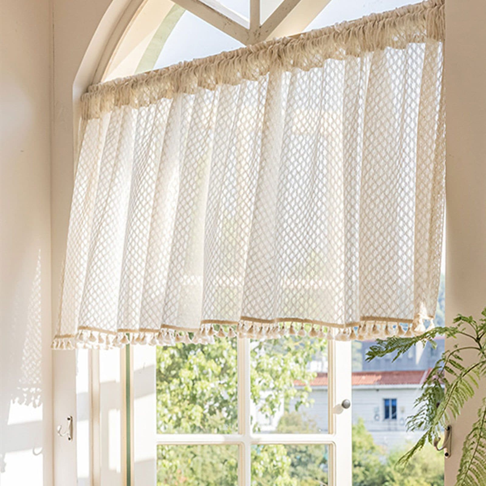 Jibenhome Scheibengardine mit Quasten Beige Transparent Polyester - Bild 2