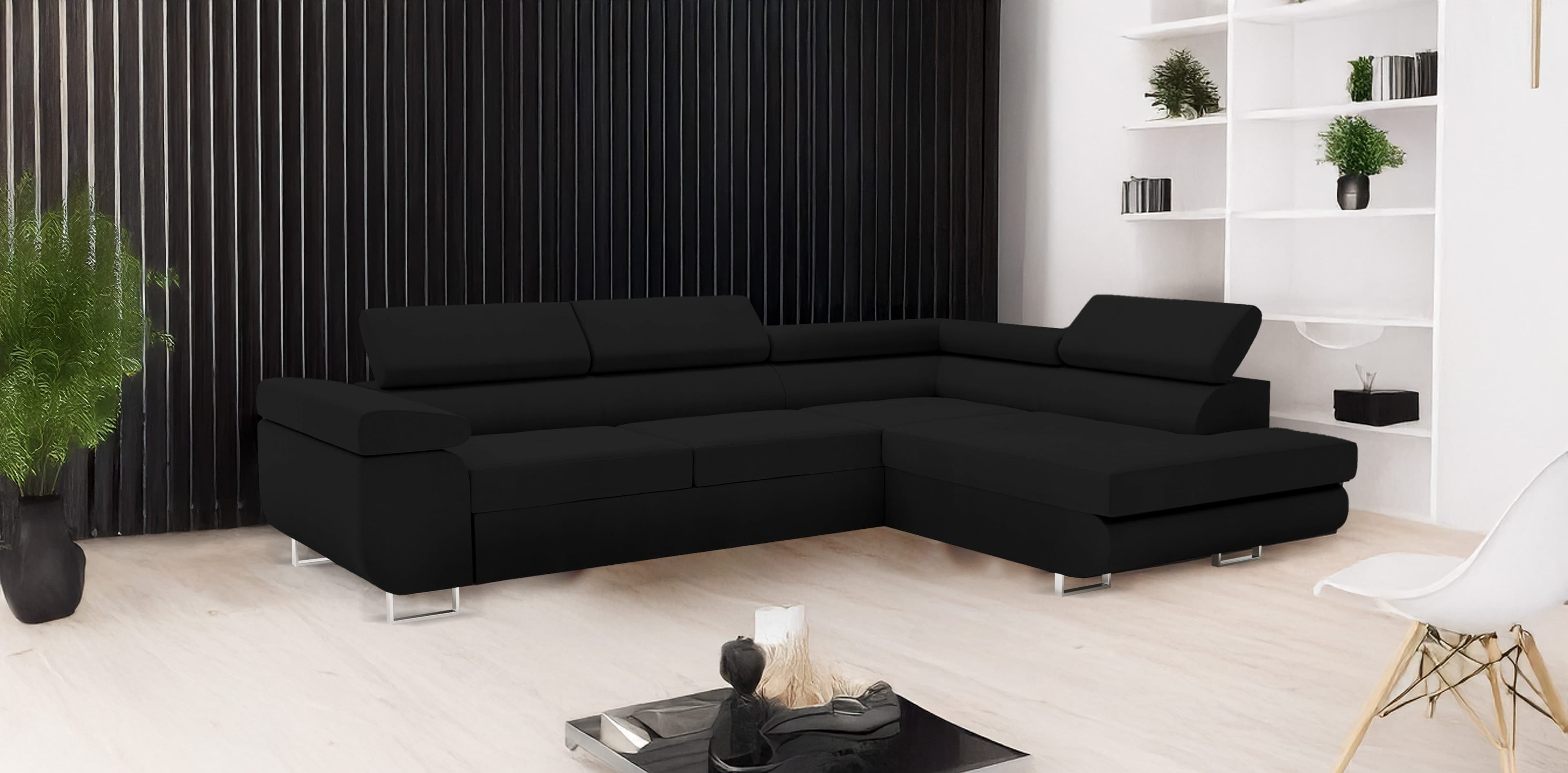Goldstoff Ecksofa mit Schlaffunktion & Bettkasten - Schwarz - Bild 2