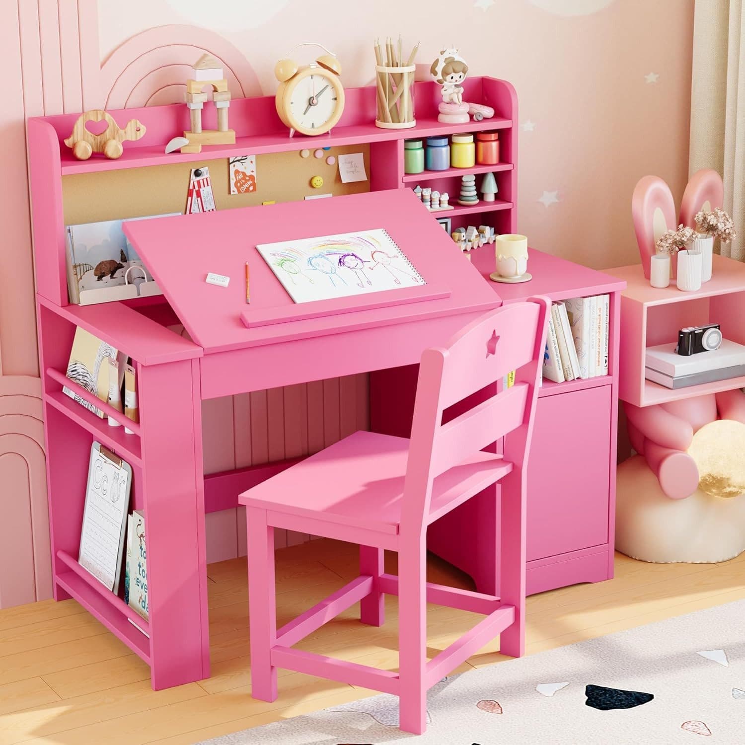 GarveeMore Kinderschreibtisch-Set mit Stuhl und Stauraum, Neigbare Tischplatte, Ergonomischer Stuhl für Kinder - Bild 2