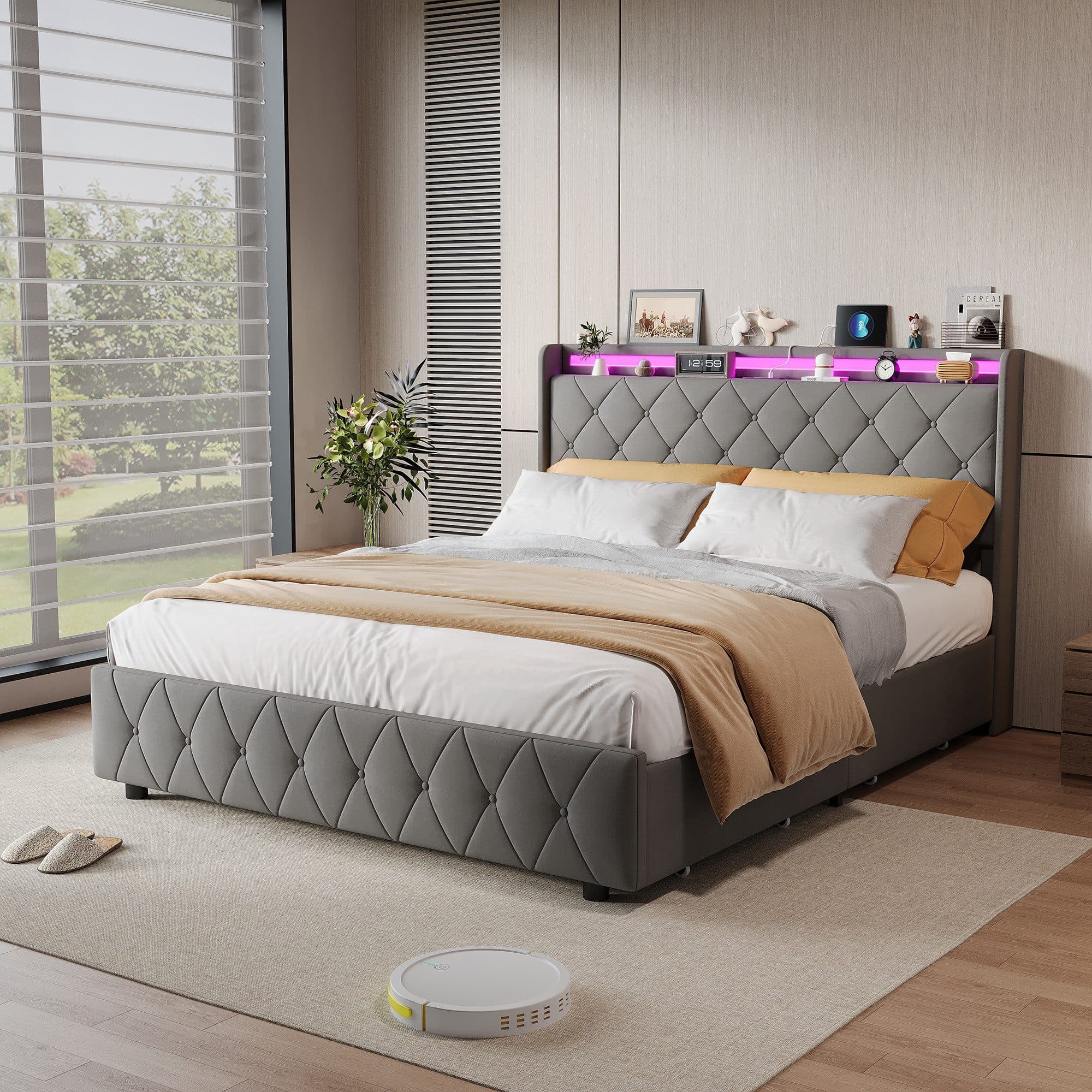 ADWOLT Stauraumbett Grau mit LED, USB & 4 Schubladen - Bild 2
