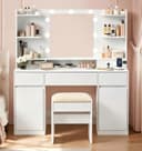 VASAGLE Schminktisch mit LED-Beleuchtung, Schubladen und Hocker Weiß Bild 2