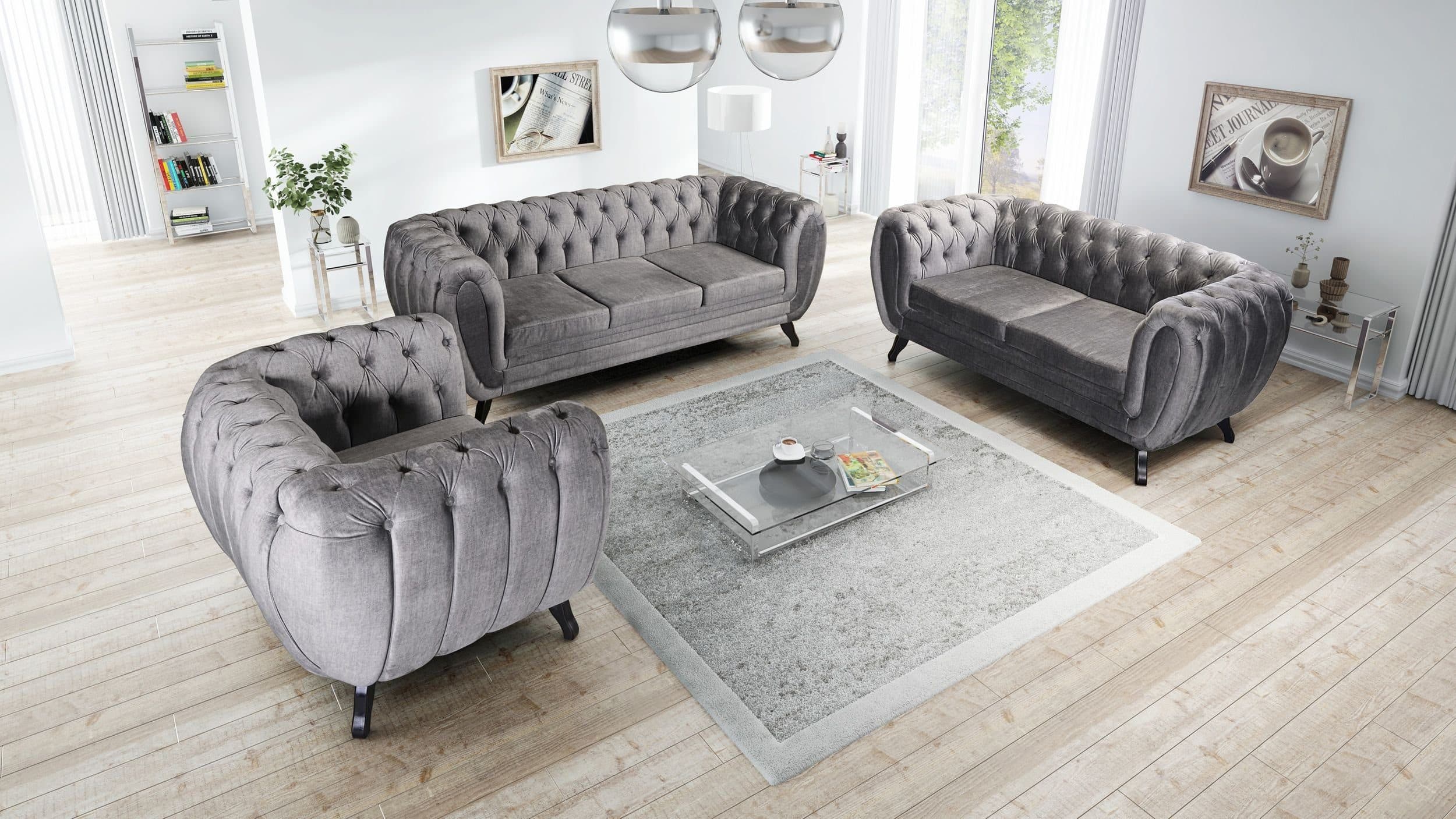 Küchen-Preisbombe Chesterfield Sofa Set 3-2-1 Sitzer Grau