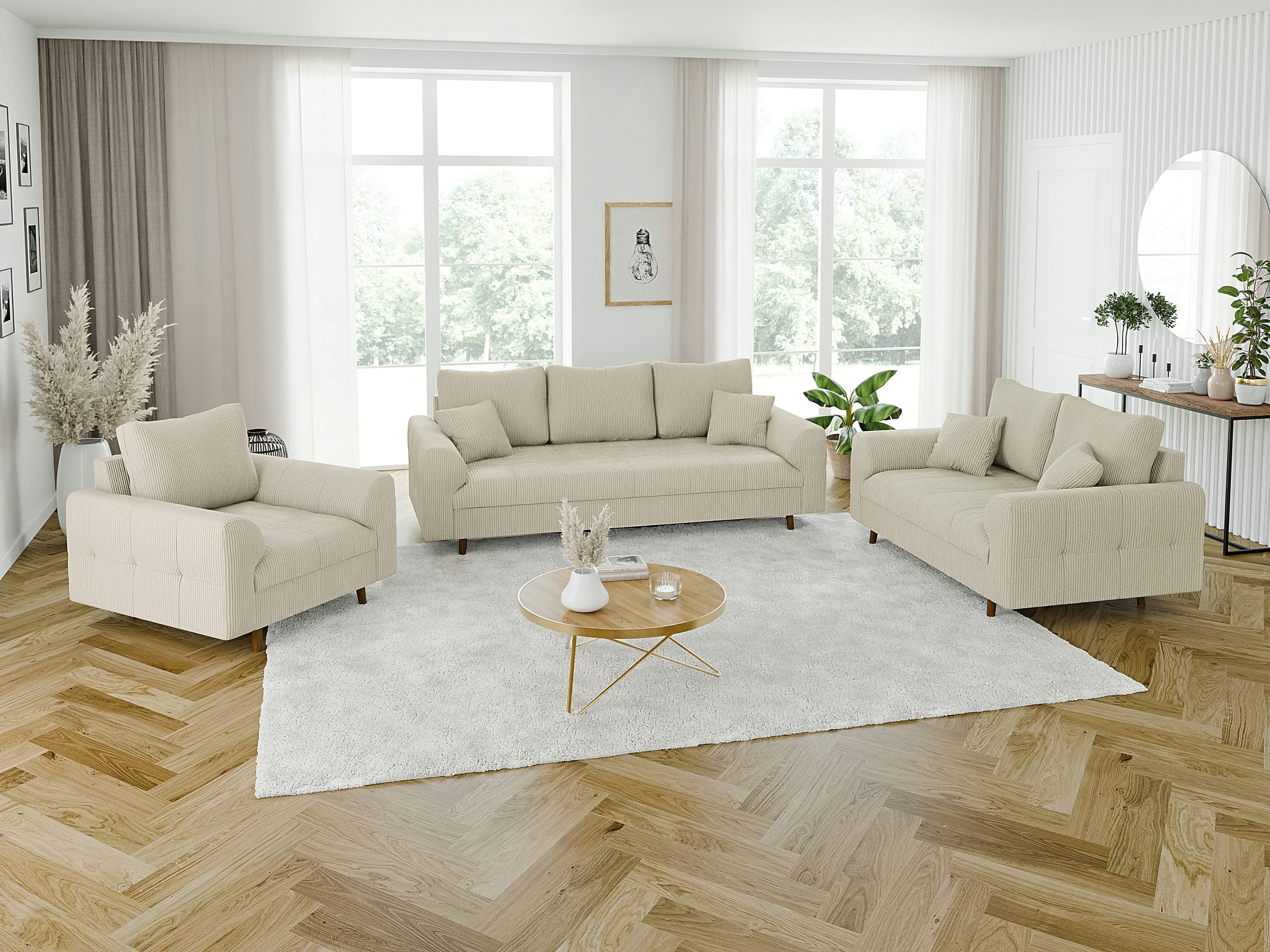 S-Style Möbel Polstergarnitur Zara 3+2+1 Beige Cord Skandinavisch - Bild 2