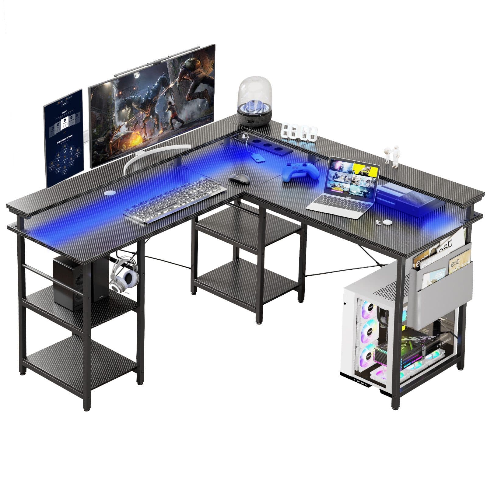 BBWL L-förmiger Gaming-Schreibtisch mit LED, Steckdose, Monitorständer - Bild 2