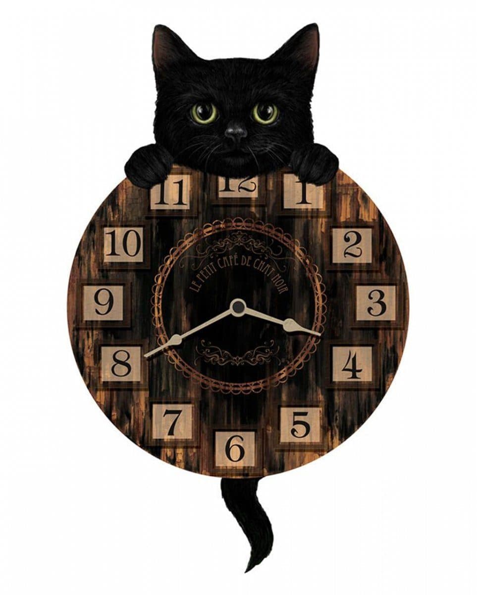 Horror-Shop Hängedekoration Schwarze Katze mit Wanduhr
