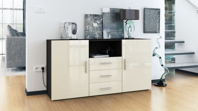 Vladon Sideboard Skadu - Schwarz Matt/Creme Hochglanz