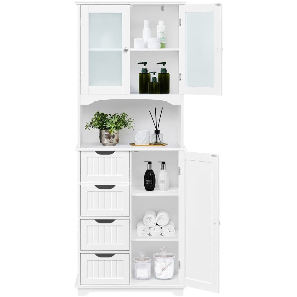 Yaheetech Hochschrank Weiß mit Glastüren & 4 Schubladen - Bild 2
