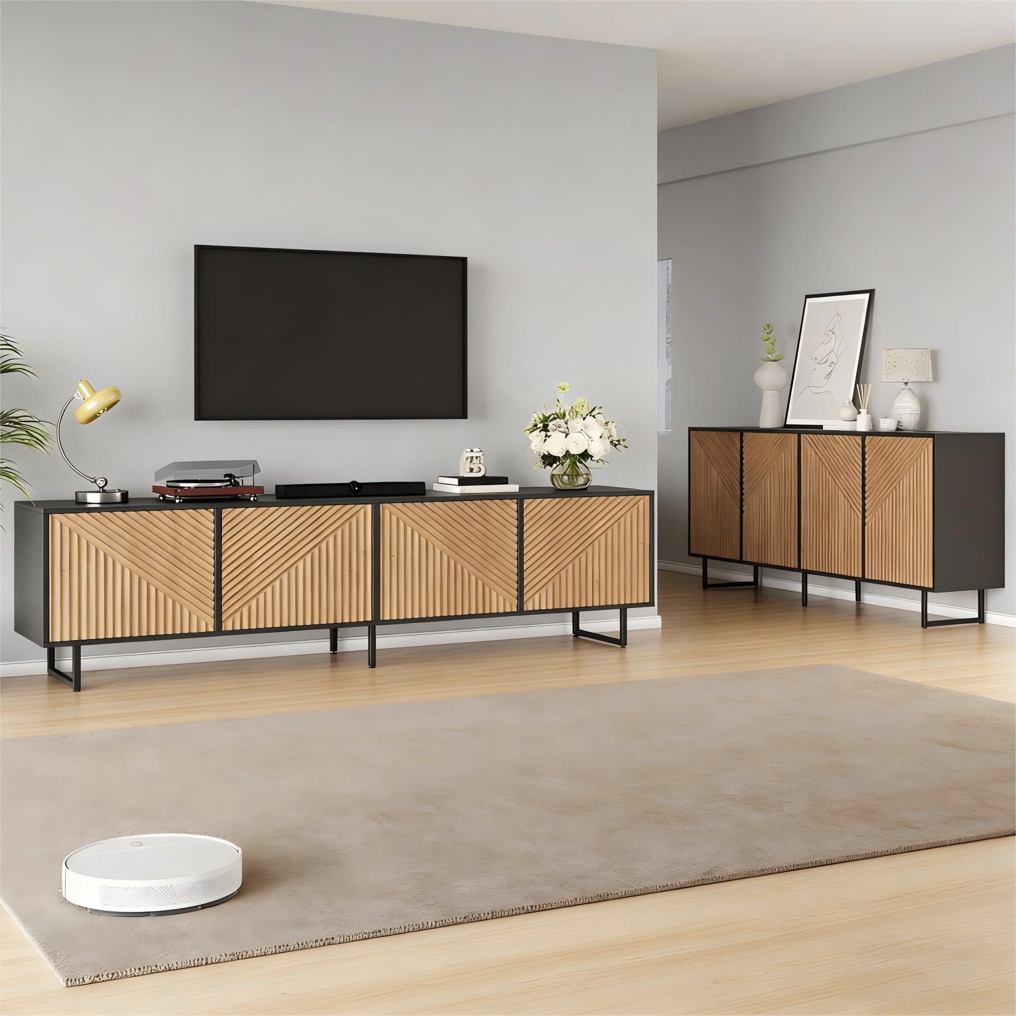 KLAM HOME Wohnwand 2-tlg. TV-Schrank + Sideboard Naturholz/Schwarz - Bild 2