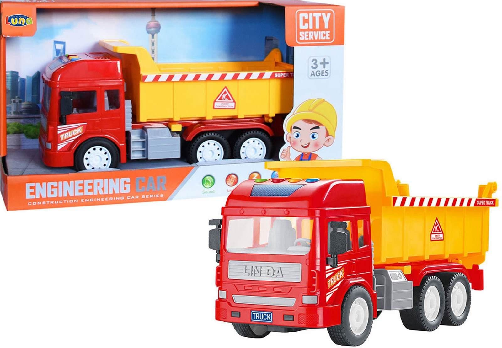 Diakakis Spielzeug-Kipper Muldenkipper LKW mit Licht Sound Musik Orange/Rot